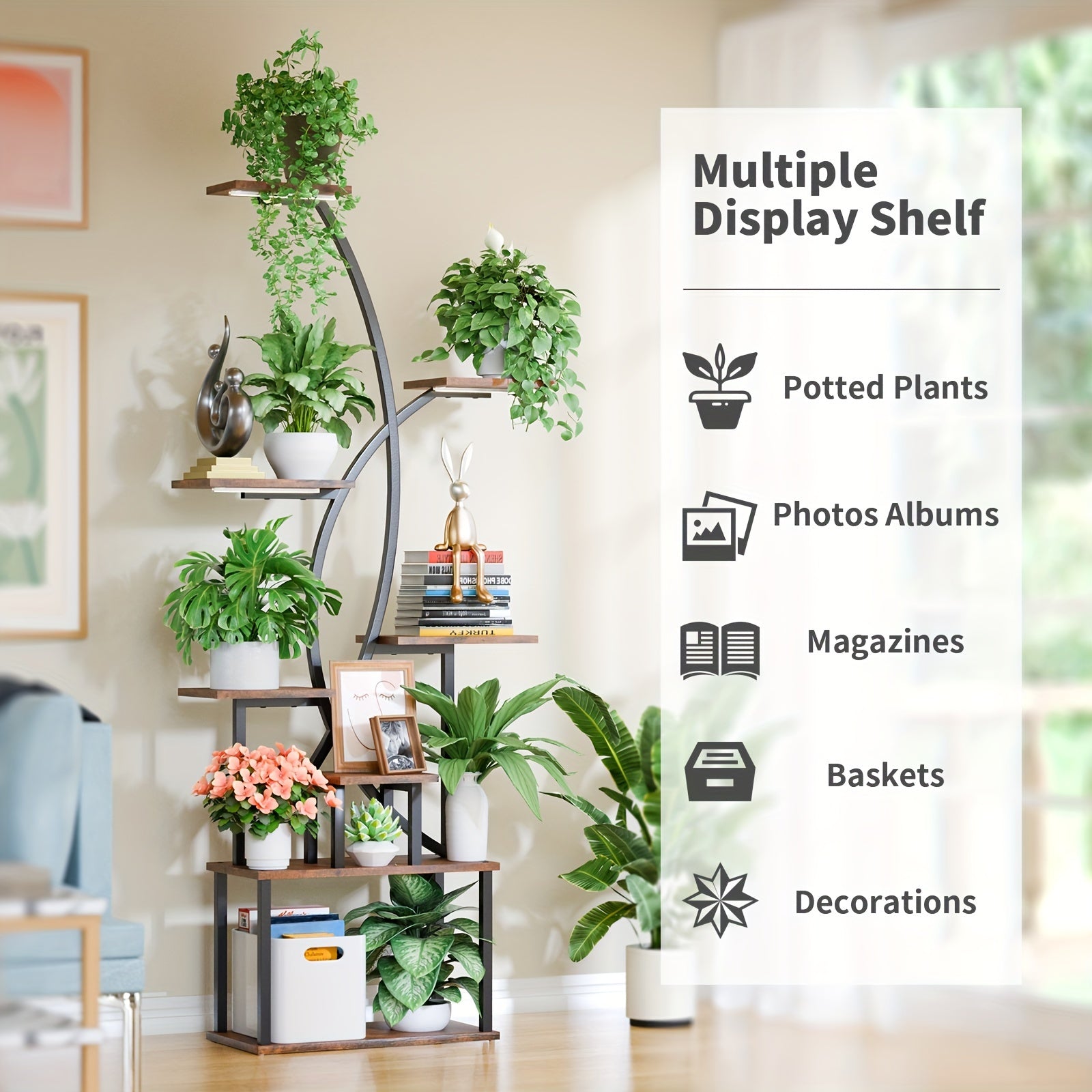 Suporte de planta interno com luz de crescimento, prateleira de planta alta de 8 camadas para plantas internas múltiplas, 65" prateleiras grandes de metal em forma curva para exibição de flores na sala de estar, pátio, varanda
