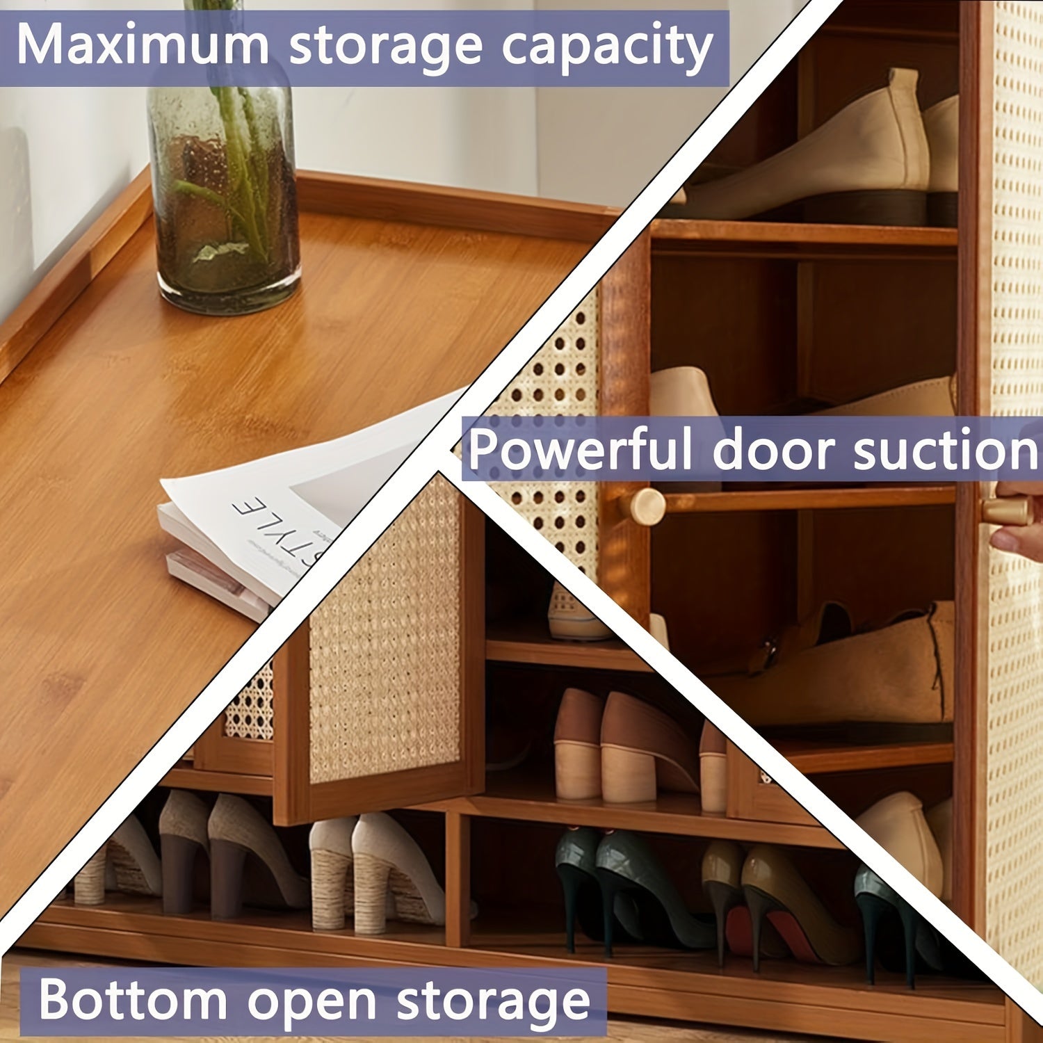 Armário de armazenamento de sapatos de bambu de 8 camadas com portas, sapateira para 38-42 pares para armário, armário de armazenamento de vime com portas para corredor ou sala de estar, marrom/cinza