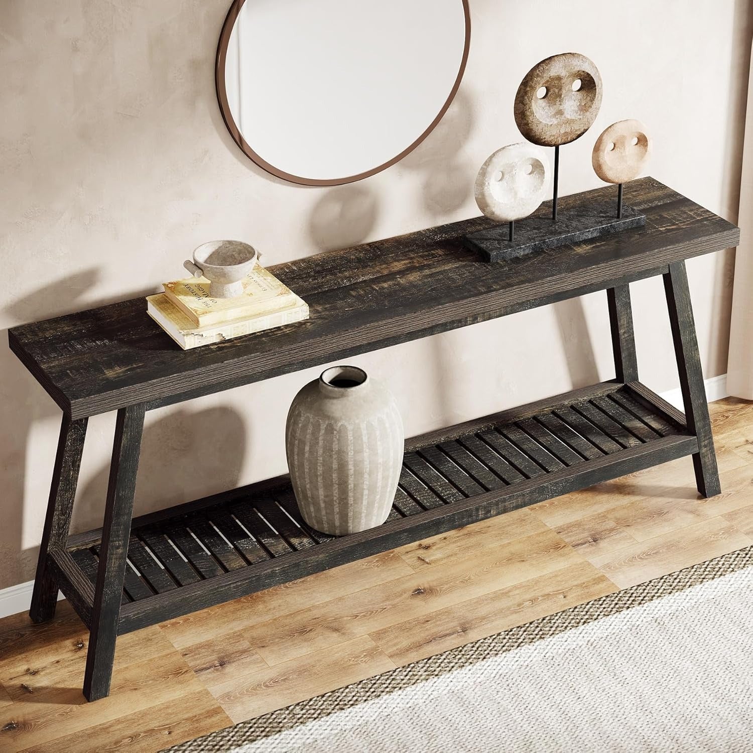 Mesa de Console Extra Longa 70.9" Estilo Fazenda - 2 Andares, Design Estreito para Entrada, Corredor, Sala de Estar - Acabamento em Madeira Dura, Economia de Espaço, Fácil Limpeza - Presente de Natal Perfeito, Marrom Escuro, Mesa de Console, Estilo Fazend