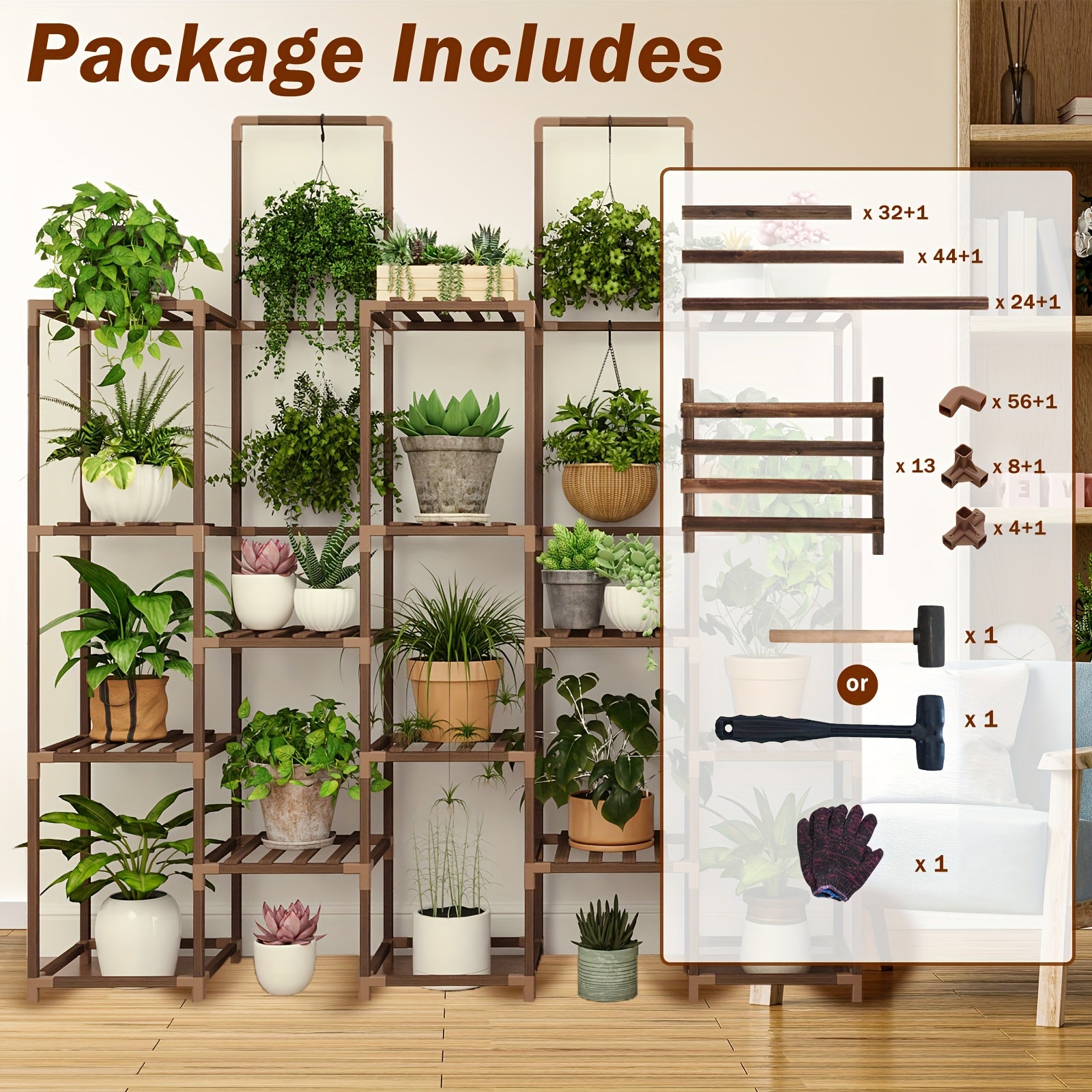 Suporte para plantas grande de 6 níveis, prateleira interna para plantas grandes, suporte externo com 13 suportes para vasos, prateleiras altas em camadas para várias plantas, coloque vasos suspensos ou plantas altas no meio
