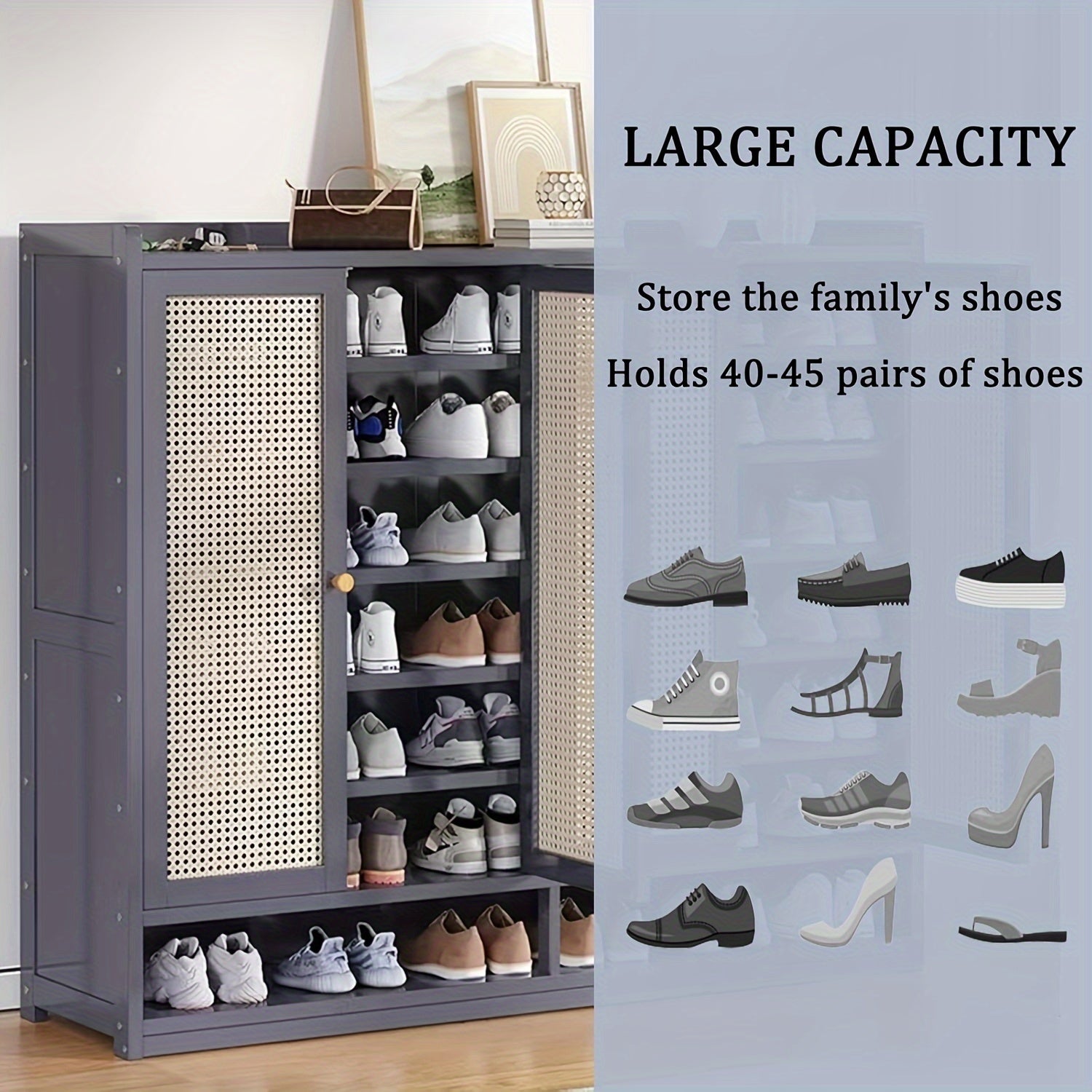 Armário de armazenamento de sapatos de bambu de 8 camadas com portas, sapateira para 38-42 pares para armário, armário de armazenamento de vime com portas para corredor ou sala de estar, marrom/cinza