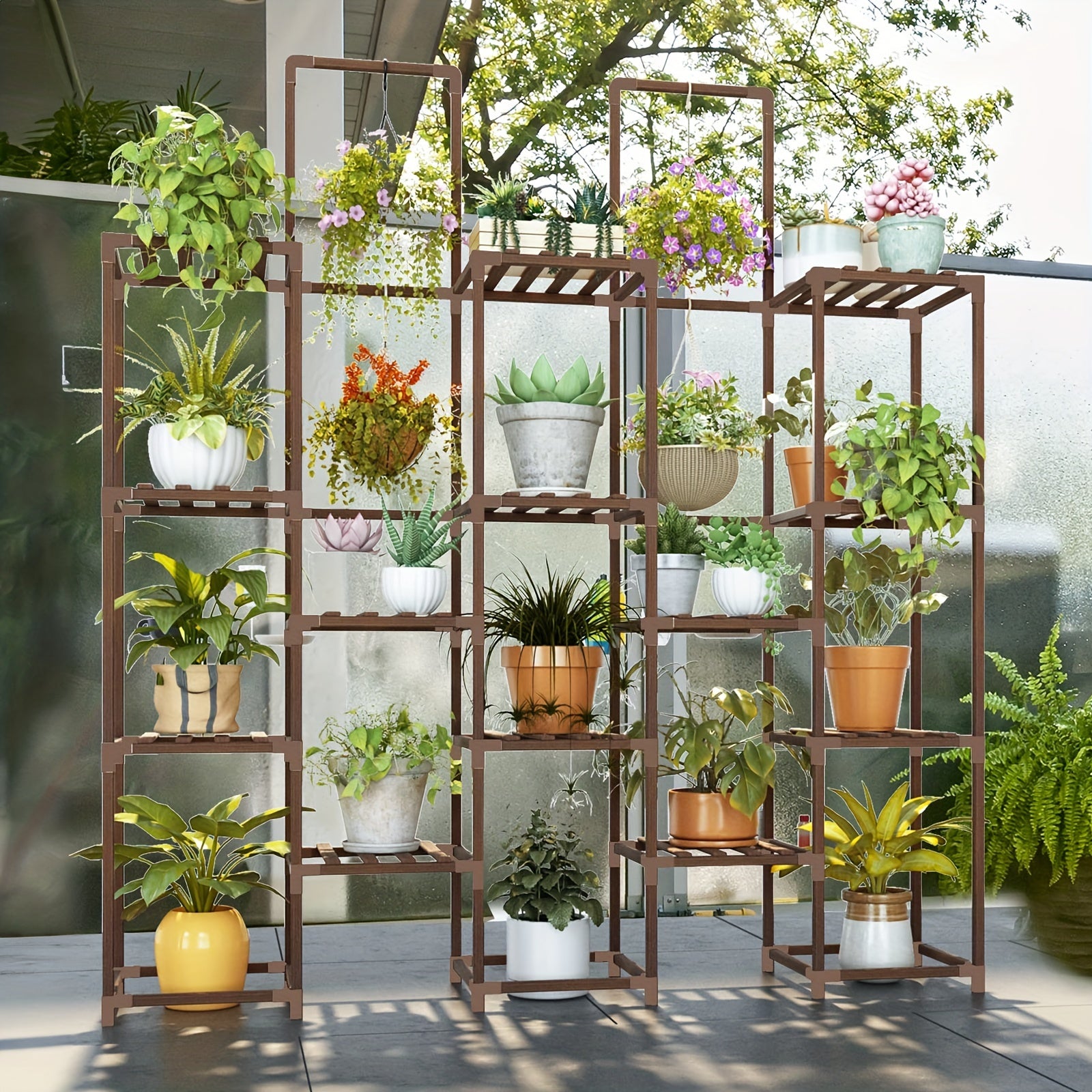 Suporte para plantas grande de 6 níveis, prateleira interna para plantas grandes, suporte externo com 13 suportes para vasos, prateleiras altas em camadas para várias plantas, coloque vasos suspensos ou plantas altas no meio