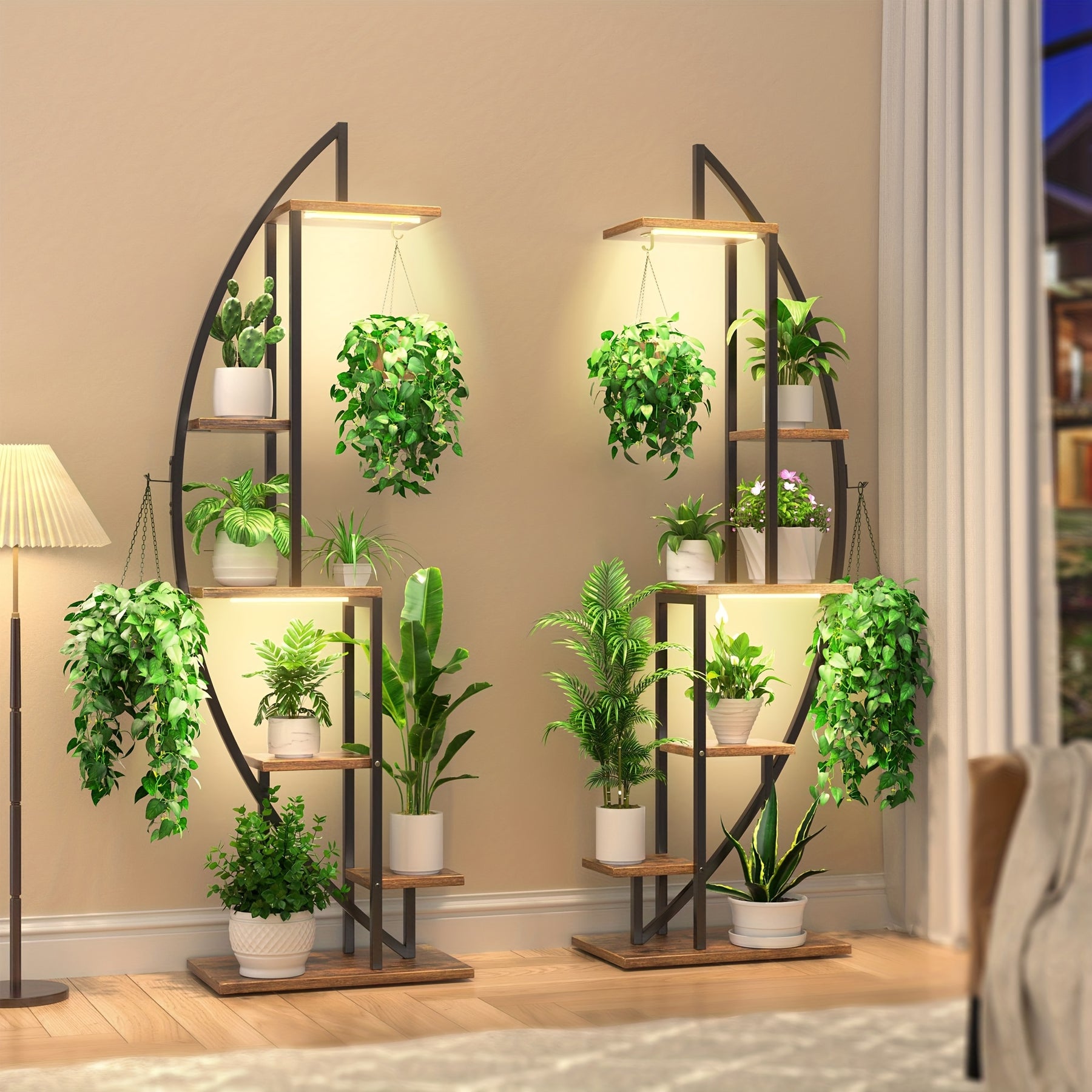 2pcs Suportes para Plantas Internas em Forma de Meia-Lua de 63" com Luzes de Crescimento de Espectro Completo - Prateleiras de Metal Multiníveis para Plantas, Decoração & Mais - Marrom & Preto
