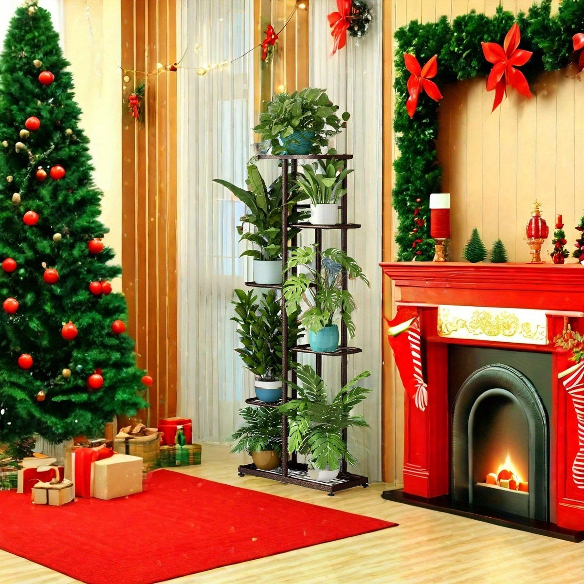 Suporte para Plantas 6 Camadas 7 Vasos Decoração de Natal Suporte para Plantas Interno e Externo Decorações de Casa de Natal, Suporte para Plantas em Camadas Expositor de Flores, Adequado para Varanda, Jardim, Sala de Estar, Varanda, Jardim, Árvore de Nat