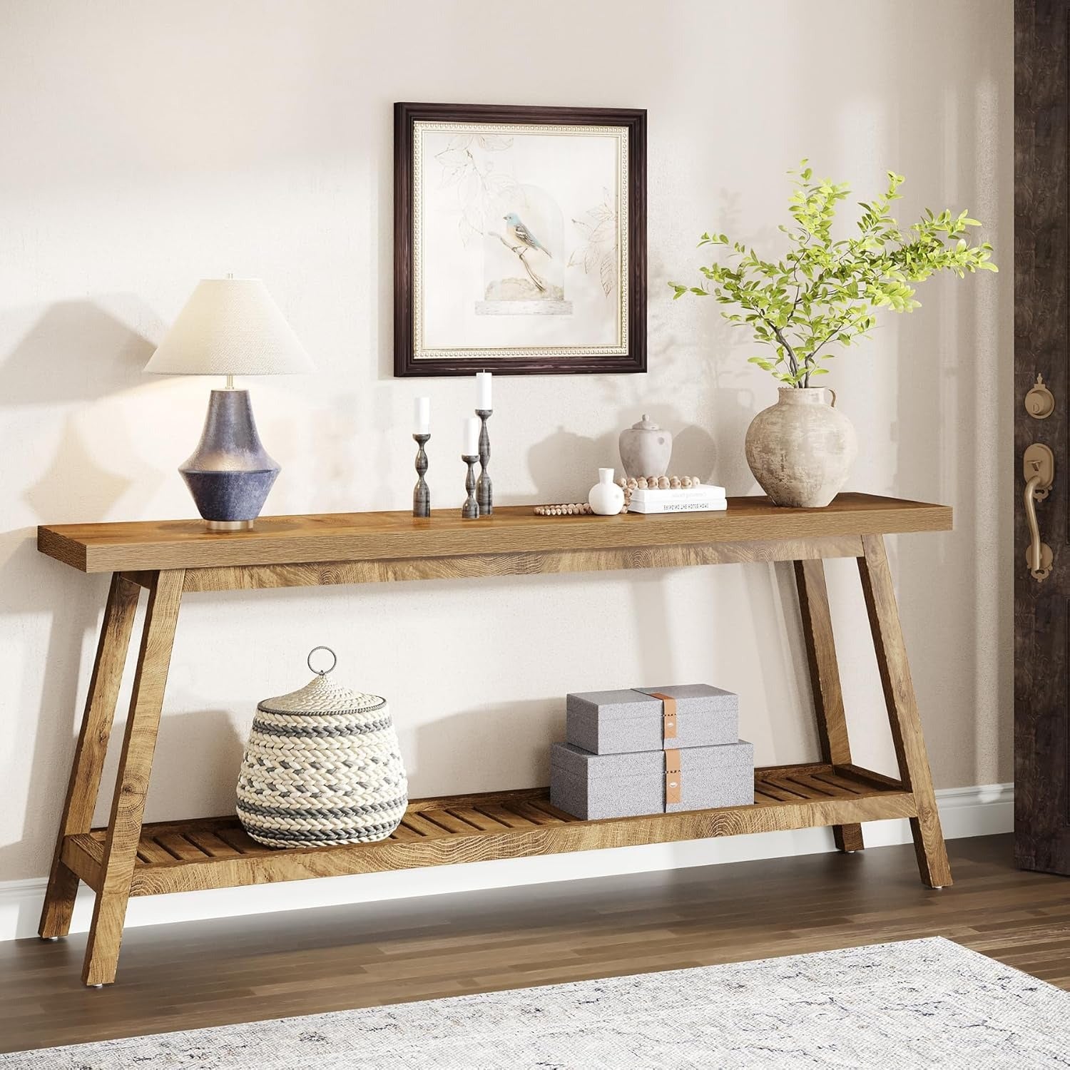 Mesa de Console Extra Longa 70.9" Estilo Fazenda - 2 Andares, Design Estreito para Entrada, Corredor, Sala de Estar - Acabamento em Madeira Dura, Economia de Espaço, Fácil Limpeza - Presente de Natal Perfeito, Marrom Escuro, Mesa de Console, Estilo Fazend