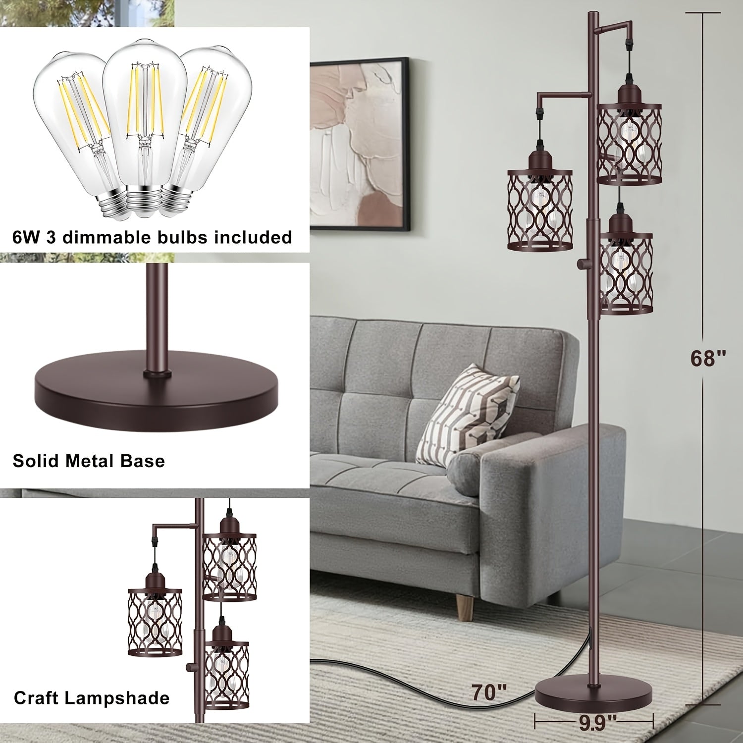 Lâmpada de Chão Estilo Fazenda de 68 Polegadas (Aprox. 172.7cm), Lâmpada de Chão Industrial Regulável para Sala de Estar, 3 Lâmpadas Verticais Simples Altas Incluindo 3 Lâmpadas E26 de 6W, Lâmpada de Chão em Forma de Árvore para Quarto, Escritório, Bar, M