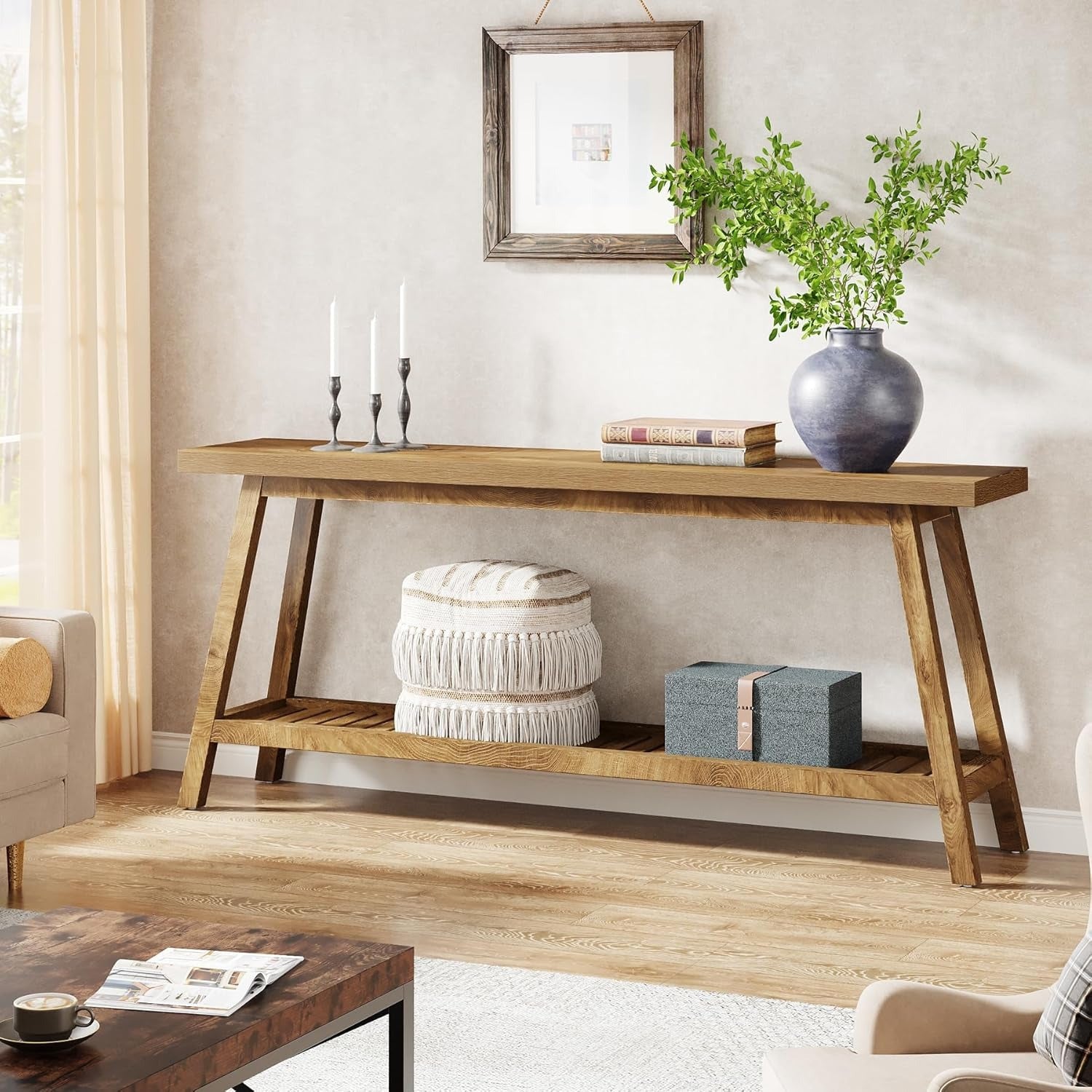 Mesa de Console Extra Longa 70.9" Estilo Fazenda - 2 Andares, Design Estreito para Entrada, Corredor, Sala de Estar - Acabamento em Madeira Dura, Economia de Espaço, Fácil Limpeza - Presente de Natal Perfeito, Marrom Escuro, Mesa de Console, Estilo Fazend