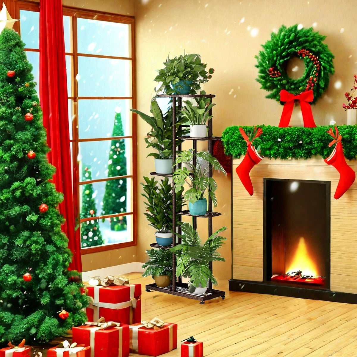 Suporte para Plantas 6 Camadas 7 Vasos Decoração de Natal Suporte para Plantas Interno e Externo Decorações de Casa de Natal, Suporte para Plantas em Camadas Expositor de Flores, Adequado para Varanda, Jardim, Sala de Estar, Varanda, Jardim, Árvore de Nat