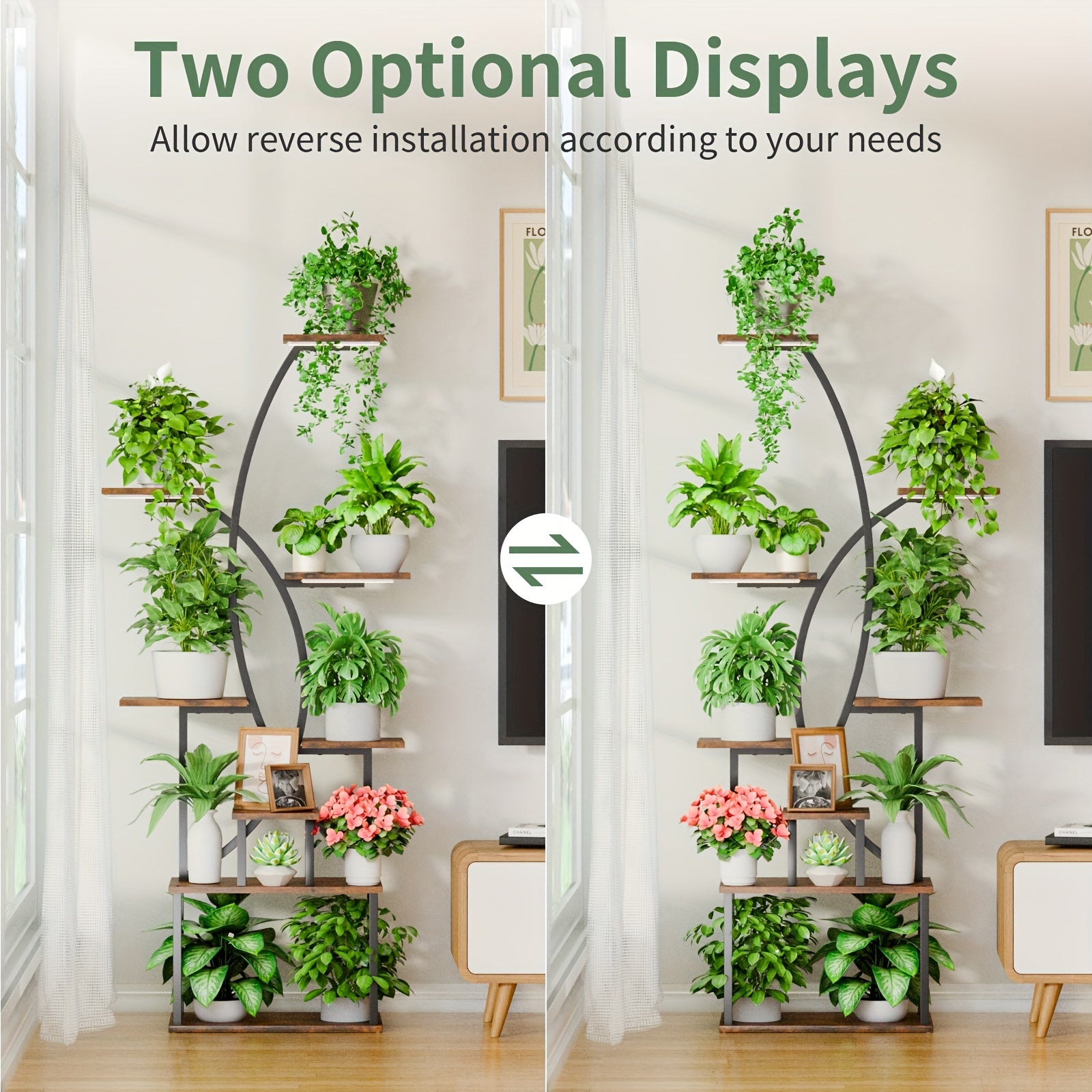 Suporte de planta interno com luz de crescimento, prateleira de planta alta de 8 camadas para plantas internas múltiplas, 65" prateleiras grandes de metal em forma curva para exibição de flores na sala de estar, pátio, varanda