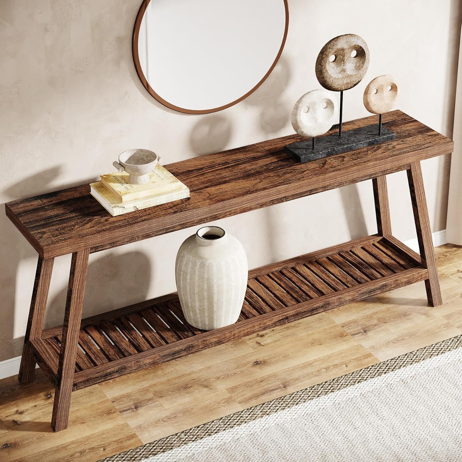 Mesa de Console Extra Longa 70.9" Estilo Fazenda - 2 Andares, Design Estreito para Entrada, Corredor, Sala de Estar - Acabamento em Madeira Dura, Economia de Espaço, Fácil Limpeza - Presente de Natal Perfeito, Marrom Escuro, Mesa de Console, Estilo Fazend
