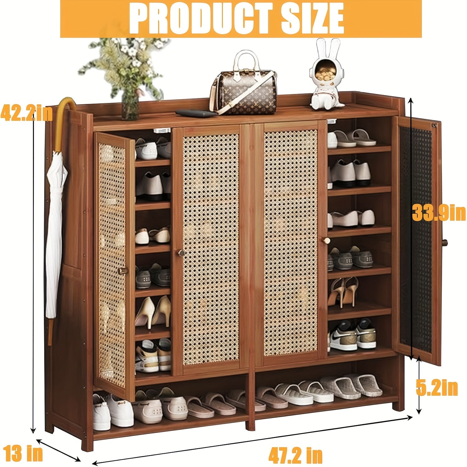 Armário de armazenamento de sapatos de bambu de 8 camadas com portas, sapateira para 38-42 pares para armário, armário de armazenamento de vime com portas para corredor ou sala de estar, marrom/cinza
