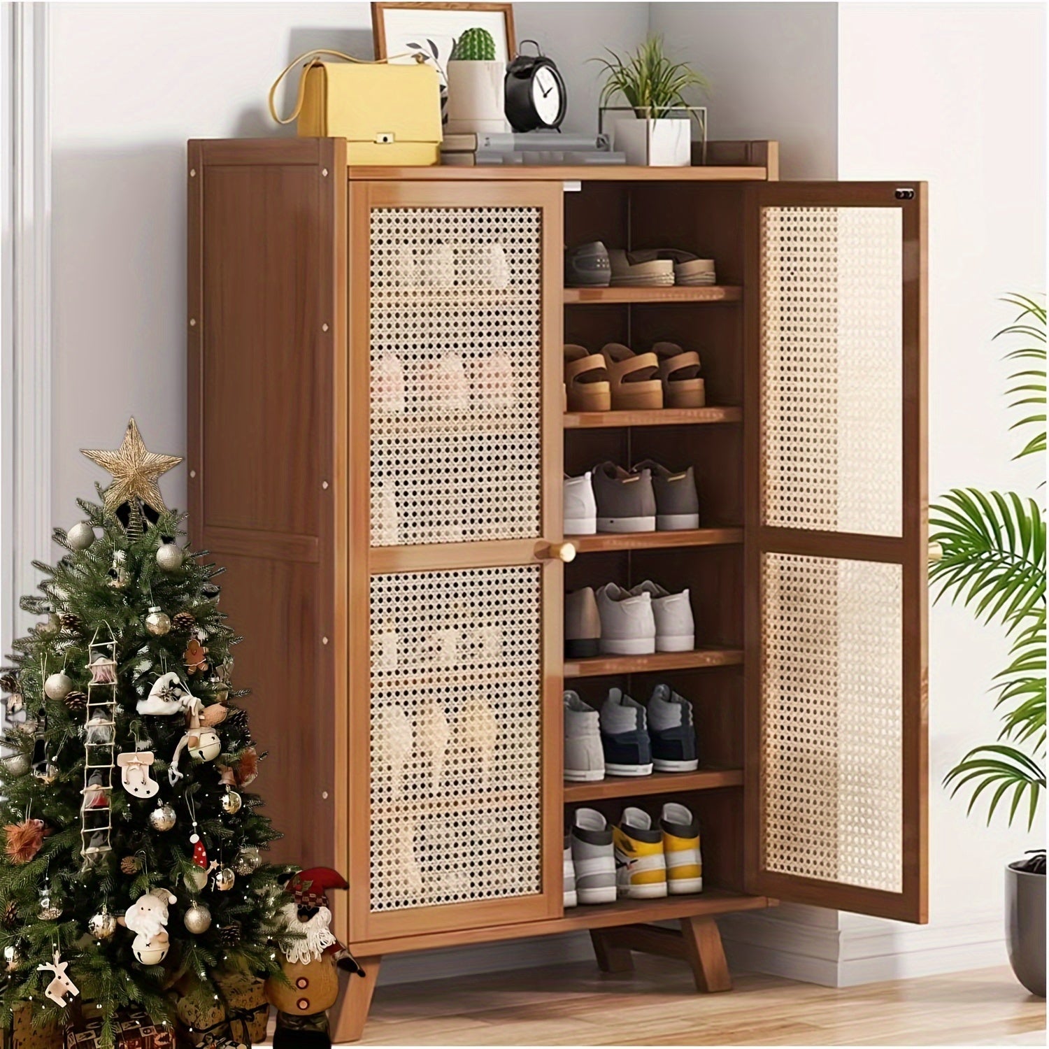 Armário de sapatos, Novo armário de sapatos de 7 camadas para entrada, Armário de sapatos de bambu com portas de vime entrelaçado, Organizador de sapatos autônomo para armário, corredor
