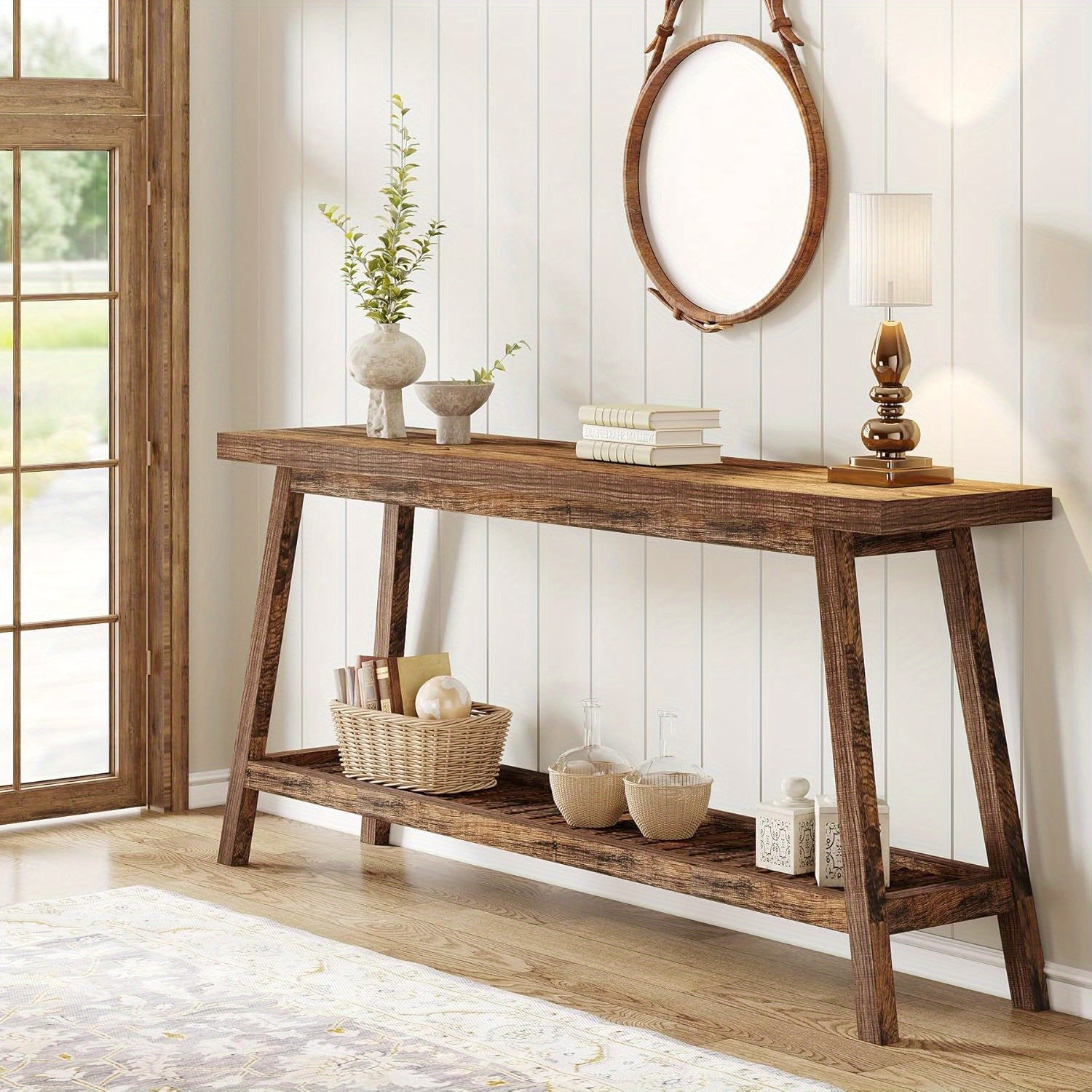 Mesa de Console Extra Longa 70.9" Estilo Fazenda - 2 Andares, Design Estreito para Entrada, Corredor, Sala de Estar - Acabamento em Madeira Dura, Economia de Espaço, Fácil Limpeza - Presente de Natal Perfeito, Marrom Escuro, Mesa de Console, Estilo Fazend