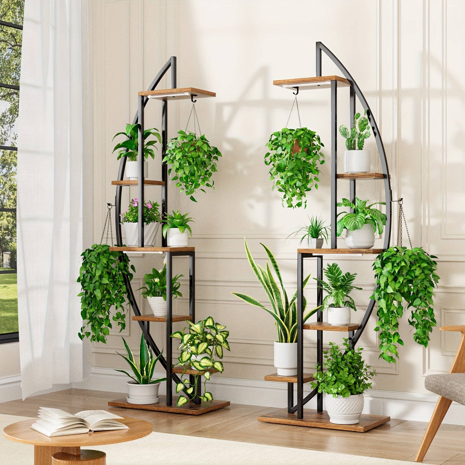 2pcs Suportes para Plantas Internas em Forma de Meia-Lua de 63" com Luzes de Crescimento de Espectro Completo - Prateleiras de Metal Multiníveis para Plantas, Decoração & Mais - Marrom & Preto