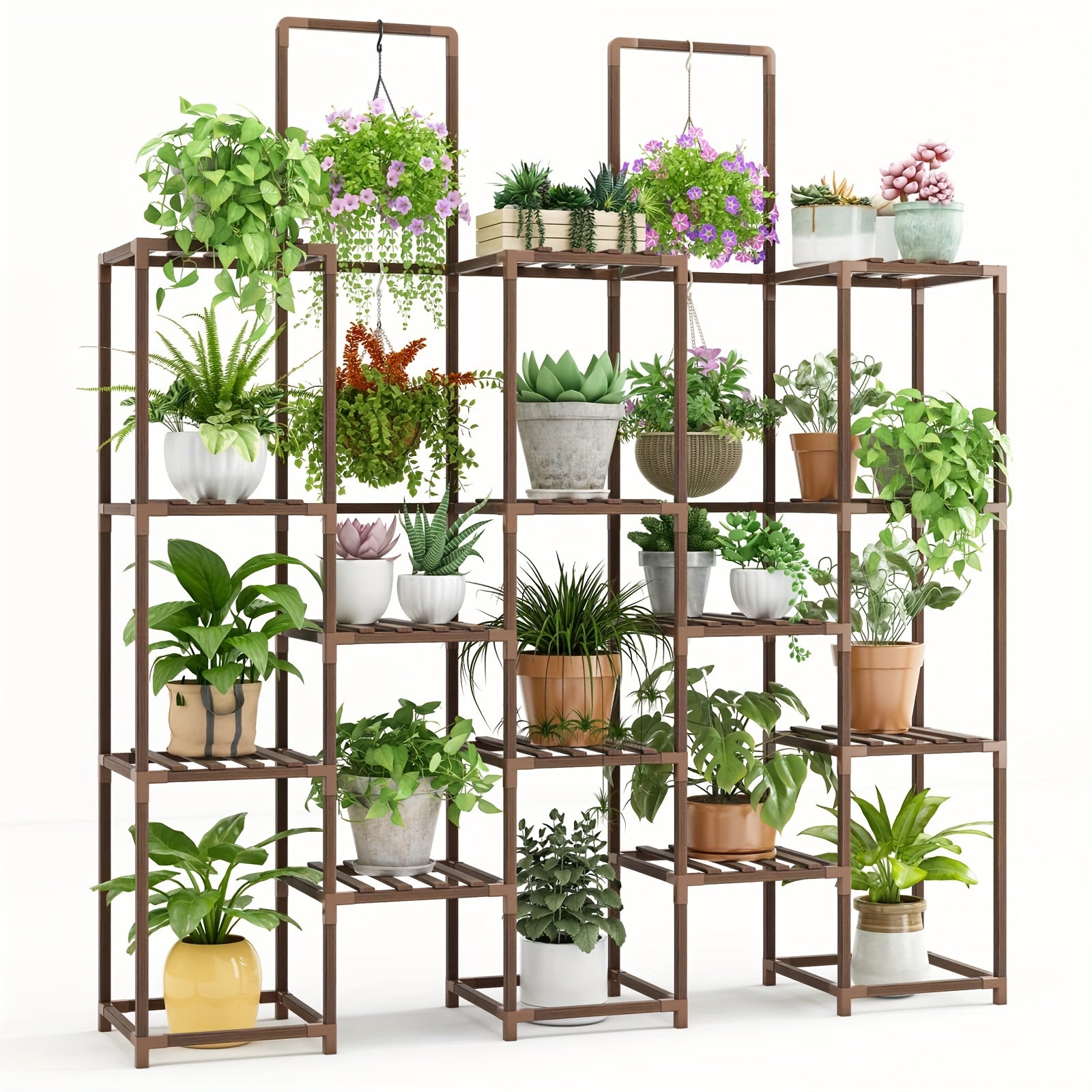 Suporte para plantas grande de 6 níveis, prateleira interna para plantas grandes, suporte externo com 13 suportes para vasos, prateleiras altas em camadas para várias plantas, coloque vasos suspensos ou plantas altas no meio