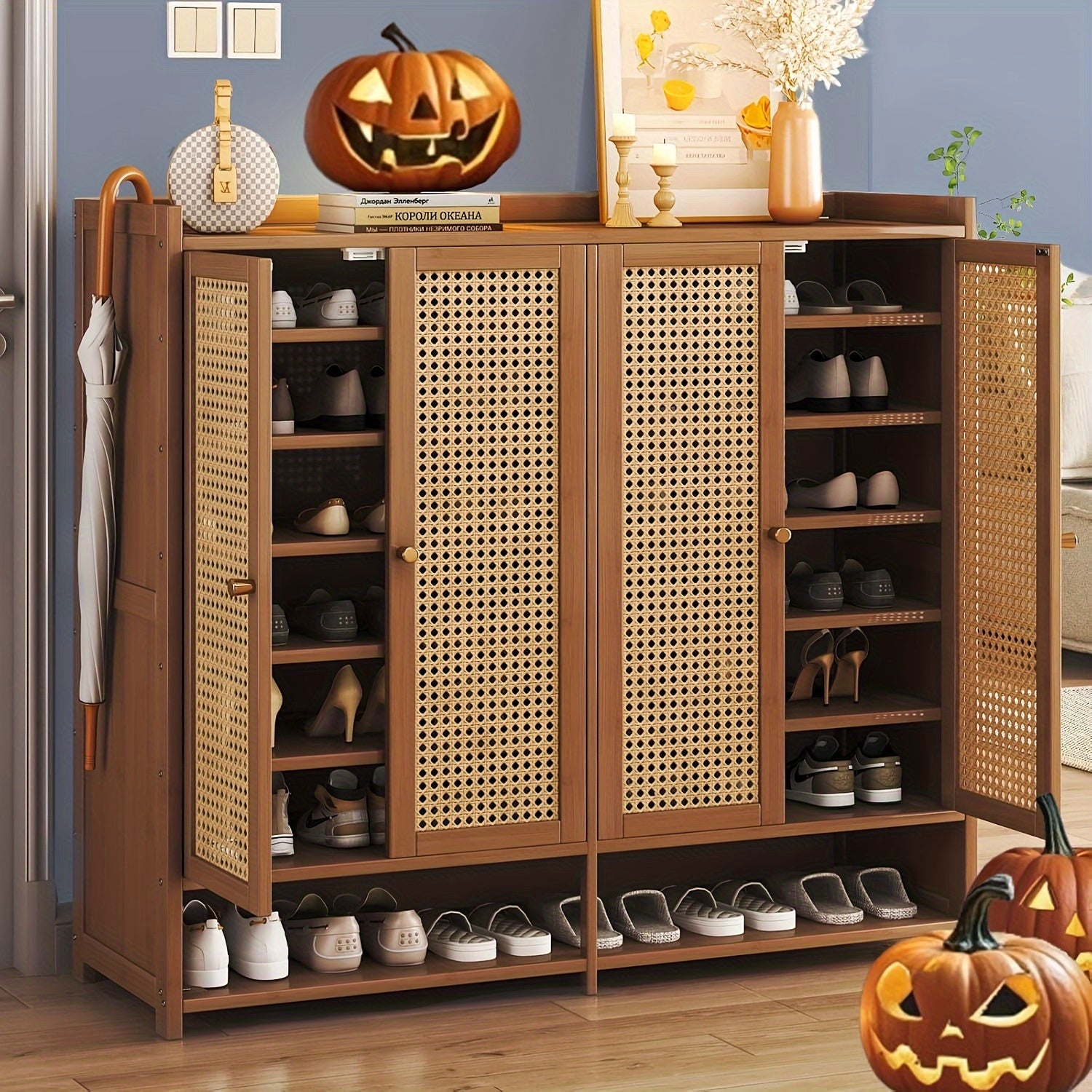 Armário de armazenamento de sapatos de bambu de 8 camadas com portas, sapateira para 38-42 pares para armário, armário de armazenamento de vime com portas para corredor ou sala de estar, marrom/cinza