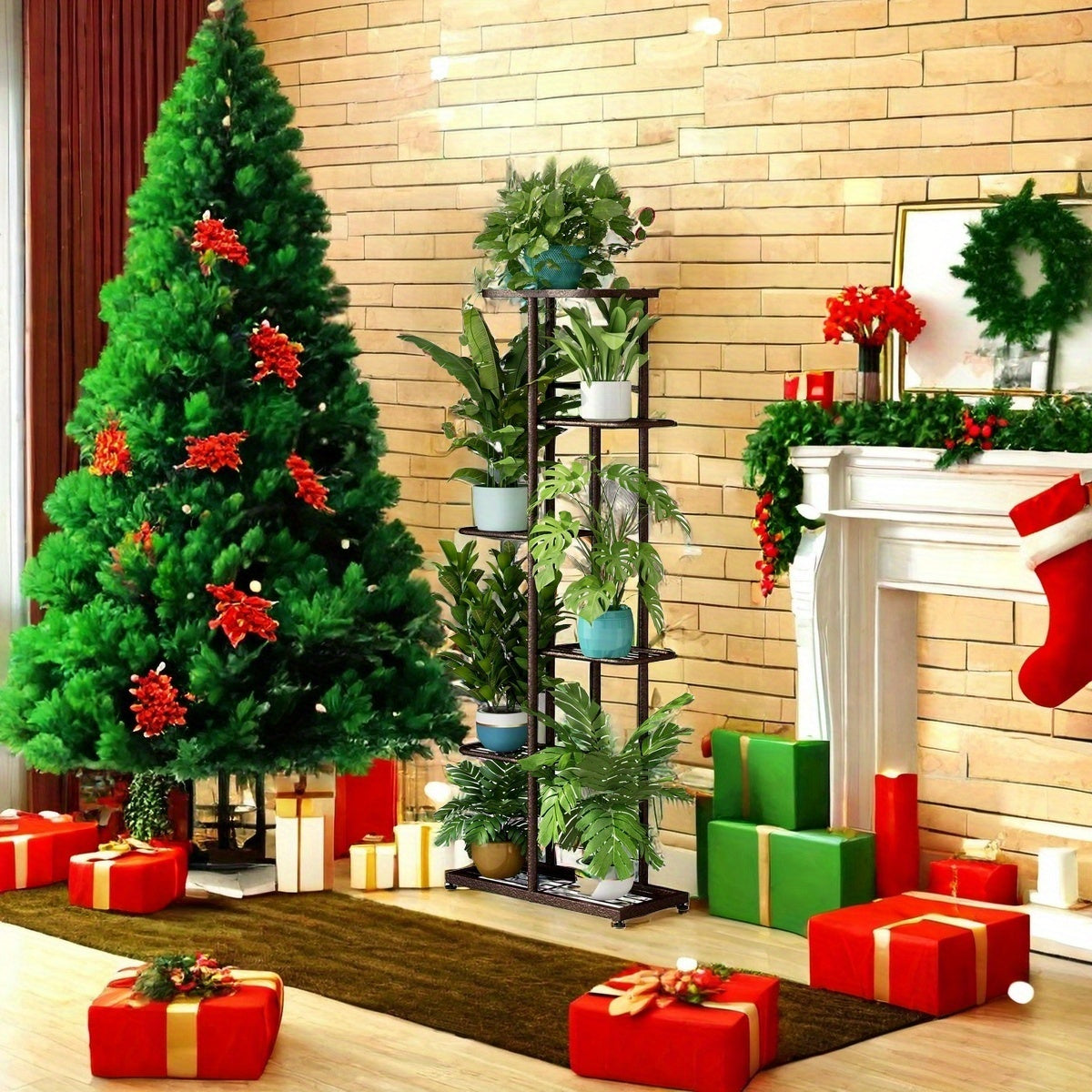 Suporte para Plantas 6 Camadas 7 Vasos Decoração de Natal Suporte para Plantas Interno e Externo Decorações de Casa de Natal, Suporte para Plantas em Camadas Expositor de Flores, Adequado para Varanda, Jardim, Sala de Estar, Varanda, Jardim, Árvore de Nat