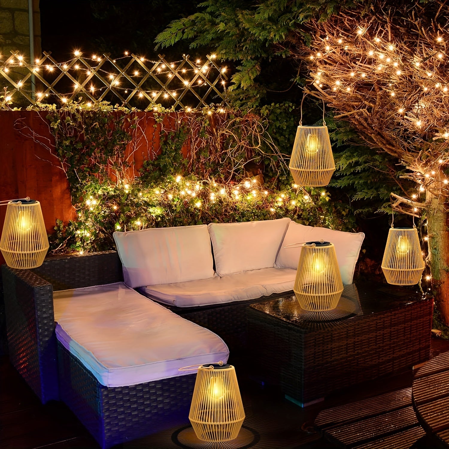 Lâmpadas solares suspensas de vime estilo boêmio, 2 unidades, lanternas LED para exteriores, energia solar 36V, bateria de níquel, para decoração de pátio, jardim, varanda, sem laser, peças eletrônicas incluídas