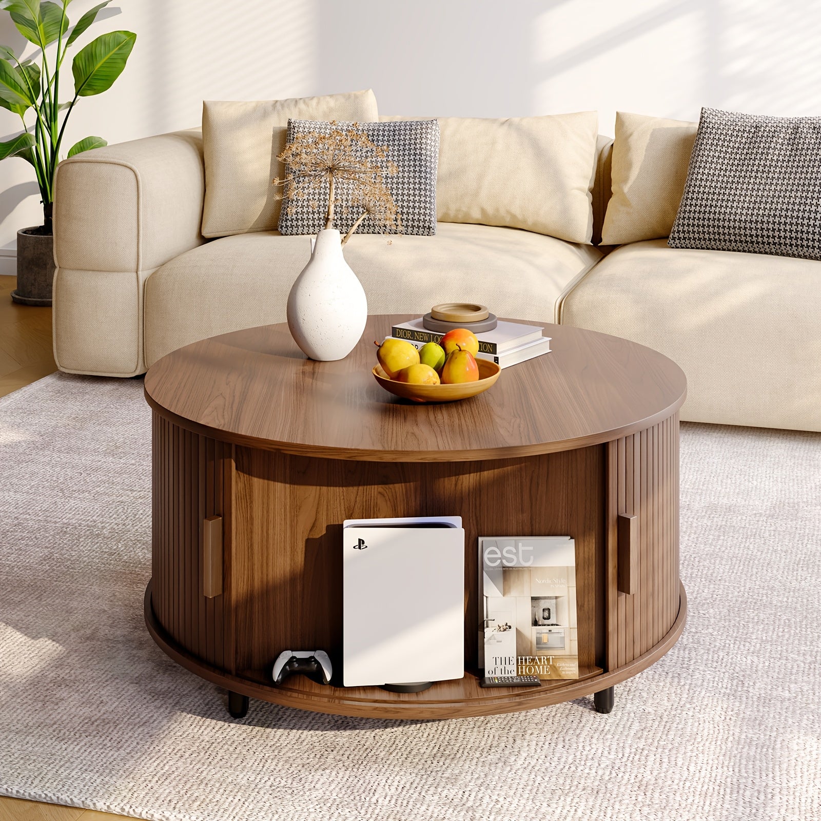 Mesa de café redonda de madeira 31.5 polegadas Mesa central com espaço de armazenamento, porta deslizante curva de 360° e sofá com apoio de pé ajustável Mesa lateral para sala de estar da família Carvalho