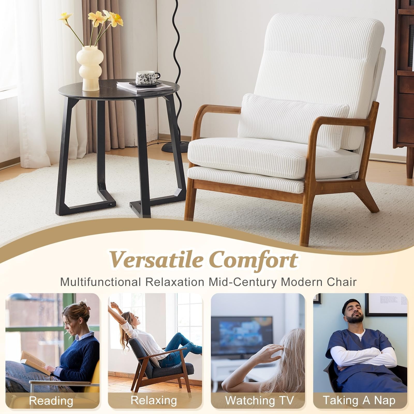 Cadeira de acento de veludo melhorada da VINGLI, cadeira de braço estofada, cadeira de leitura confortável de madeira maciça com almofada lombar, cadeiras modernas de meio século para sala de estar, quarto, quarto de hóspedes