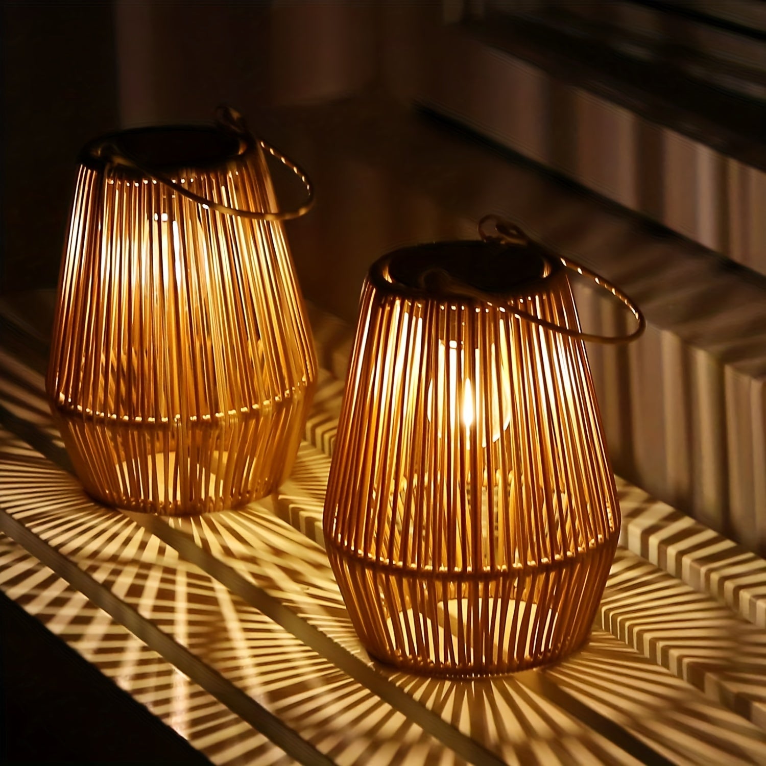 Lâmpadas solares suspensas de vime estilo boêmio, 2 unidades, lanternas LED para exteriores, energia solar 36V, bateria de níquel, para decoração de pátio, jardim, varanda, sem laser, peças eletrônicas incluídas
