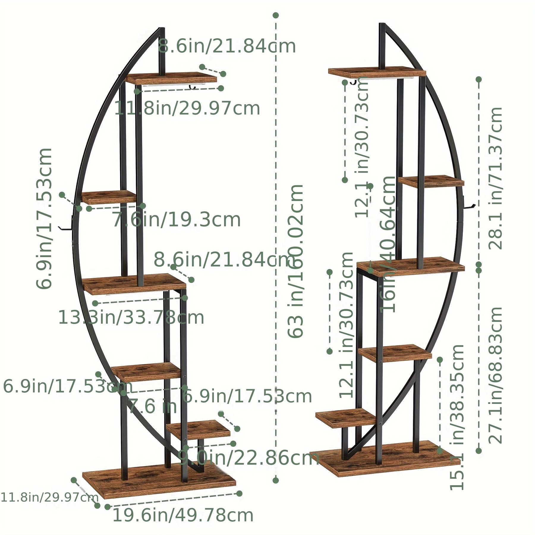2pcs Suportes para Plantas Internas em Forma de Meia-Lua de 63" com Luzes de Crescimento de Espectro Completo - Prateleiras de Metal Multiníveis para Plantas, Decoração & Mais - Marrom & Preto