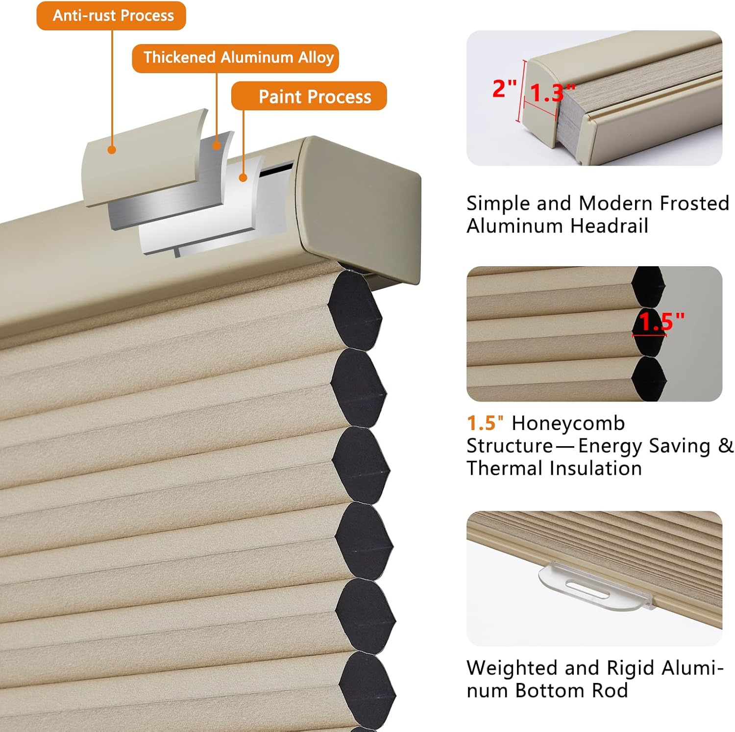 Persilux Custom Size Blackout Cordless Cellular Window Shades & Blinds, Honeycomb Blinds for Windows (Beige, 30" W x 72" H) Window Shades for Home, Room Darkening Cellular Blinds & Shades for Bedroom