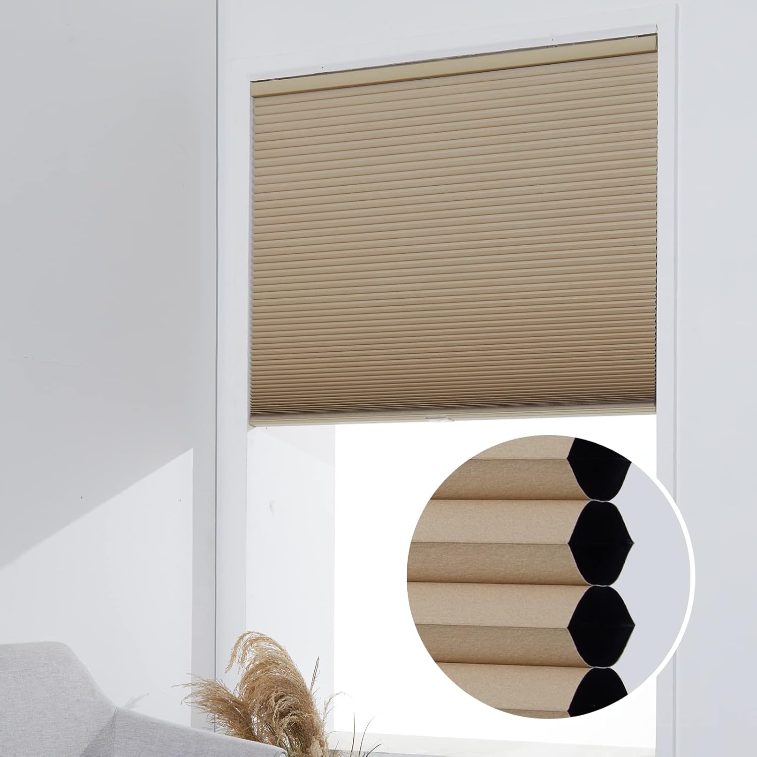 Persilux Custom Size Blackout Cordless Cellular Window Shades & Blinds, Honeycomb Blinds for Windows (Beige, 30" W x 72" H) Window Shades for Home, Room Darkening Cellular Blinds & Shades for Bedroom