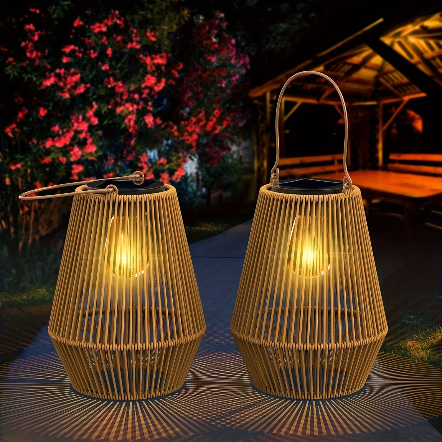 Lâmpadas solares suspensas de vime estilo boêmio, 2 unidades, lanternas LED para exteriores, energia solar 36V, bateria de níquel, para decoração de pátio, jardim, varanda, sem laser, peças eletrônicas incluídas
