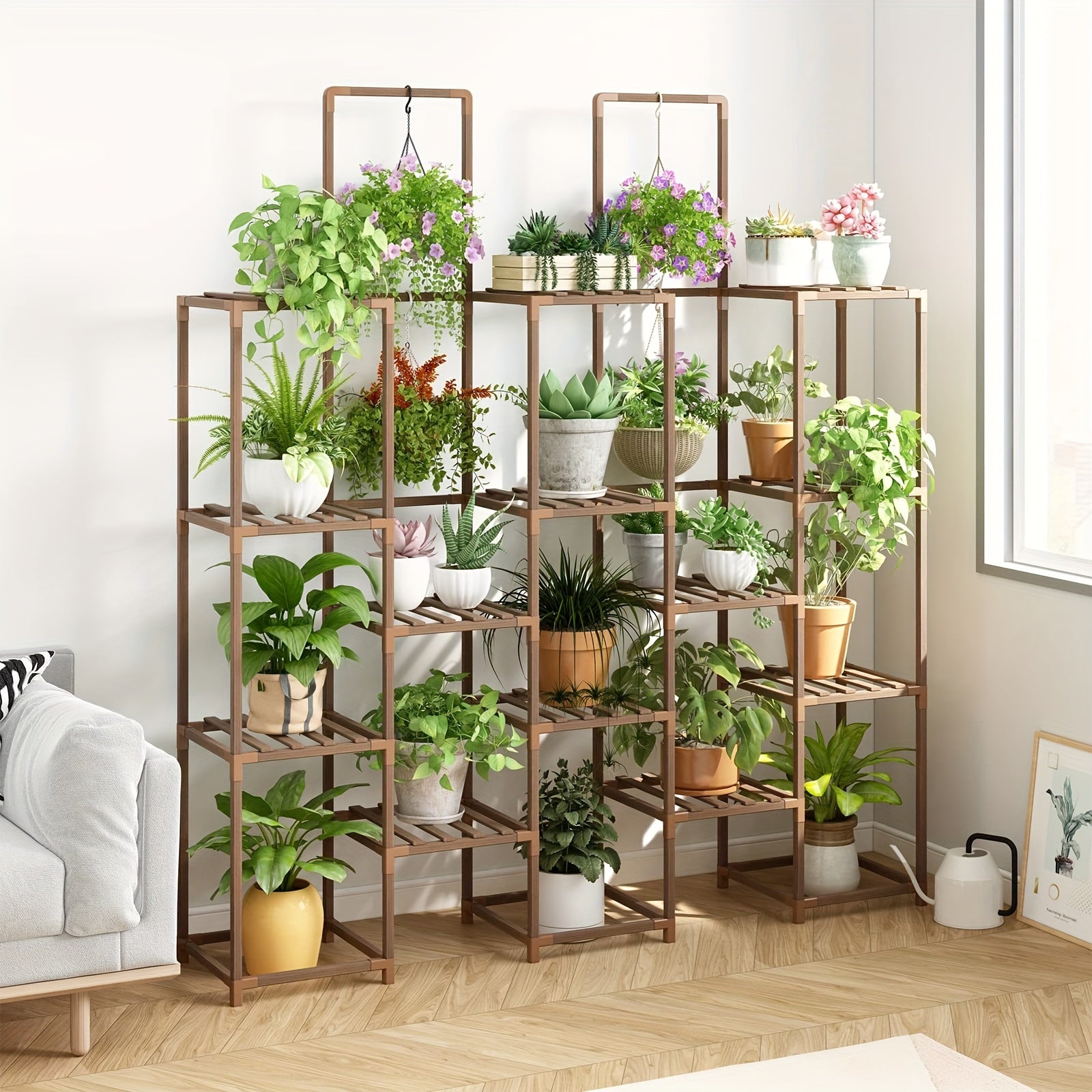 Suporte para plantas grande de 6 níveis, prateleira interna para plantas grandes, suporte externo com 13 suportes para vasos, prateleiras altas em camadas para várias plantas, coloque vasos suspensos ou plantas altas no meio