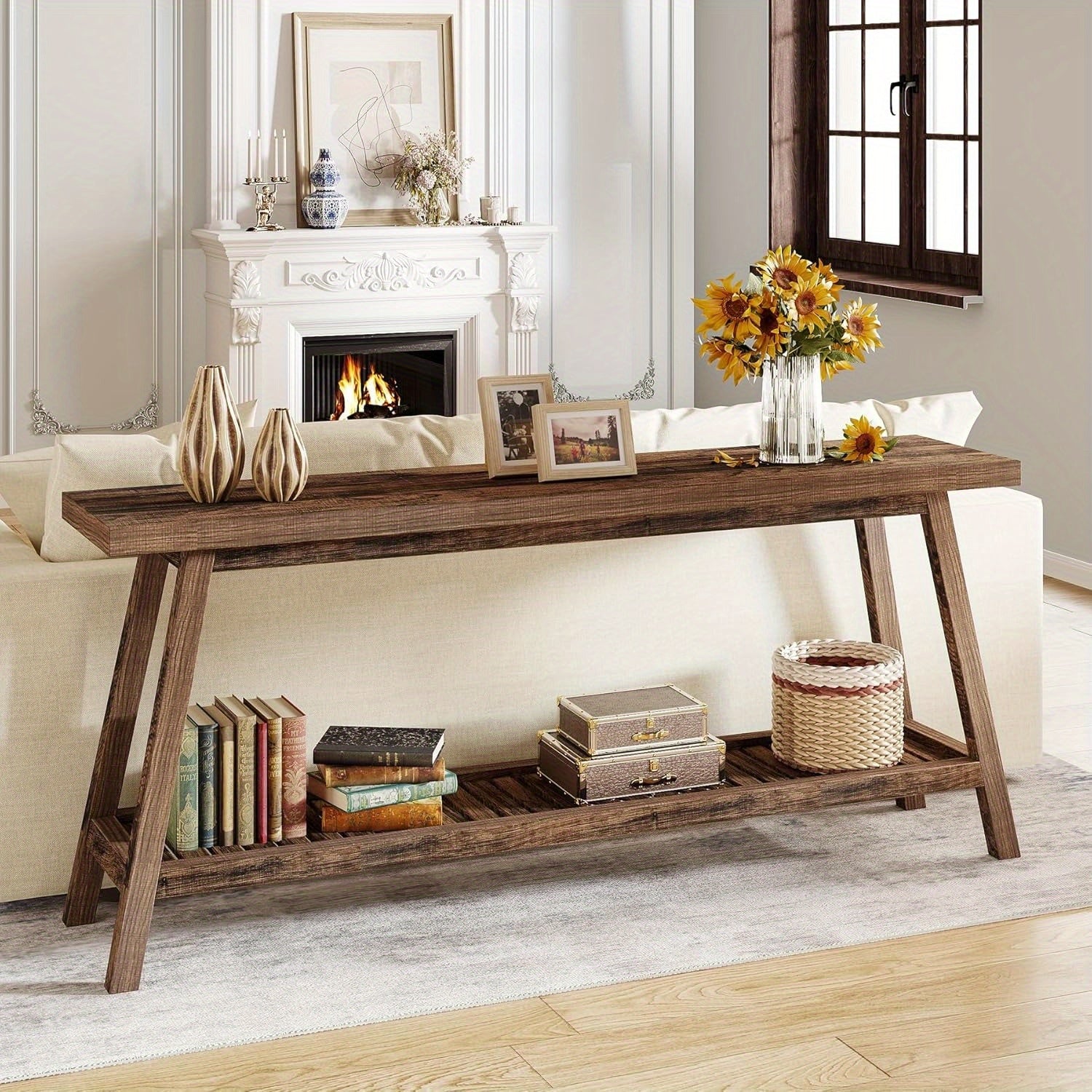 Mesa de Console Extra Longa 70.9" Estilo Fazenda - 2 Andares, Design Estreito para Entrada, Corredor, Sala de Estar - Acabamento em Madeira Dura, Economia de Espaço, Fácil Limpeza - Presente de Natal Perfeito, Marrom Escuro, Mesa de Console, Estilo Fazend