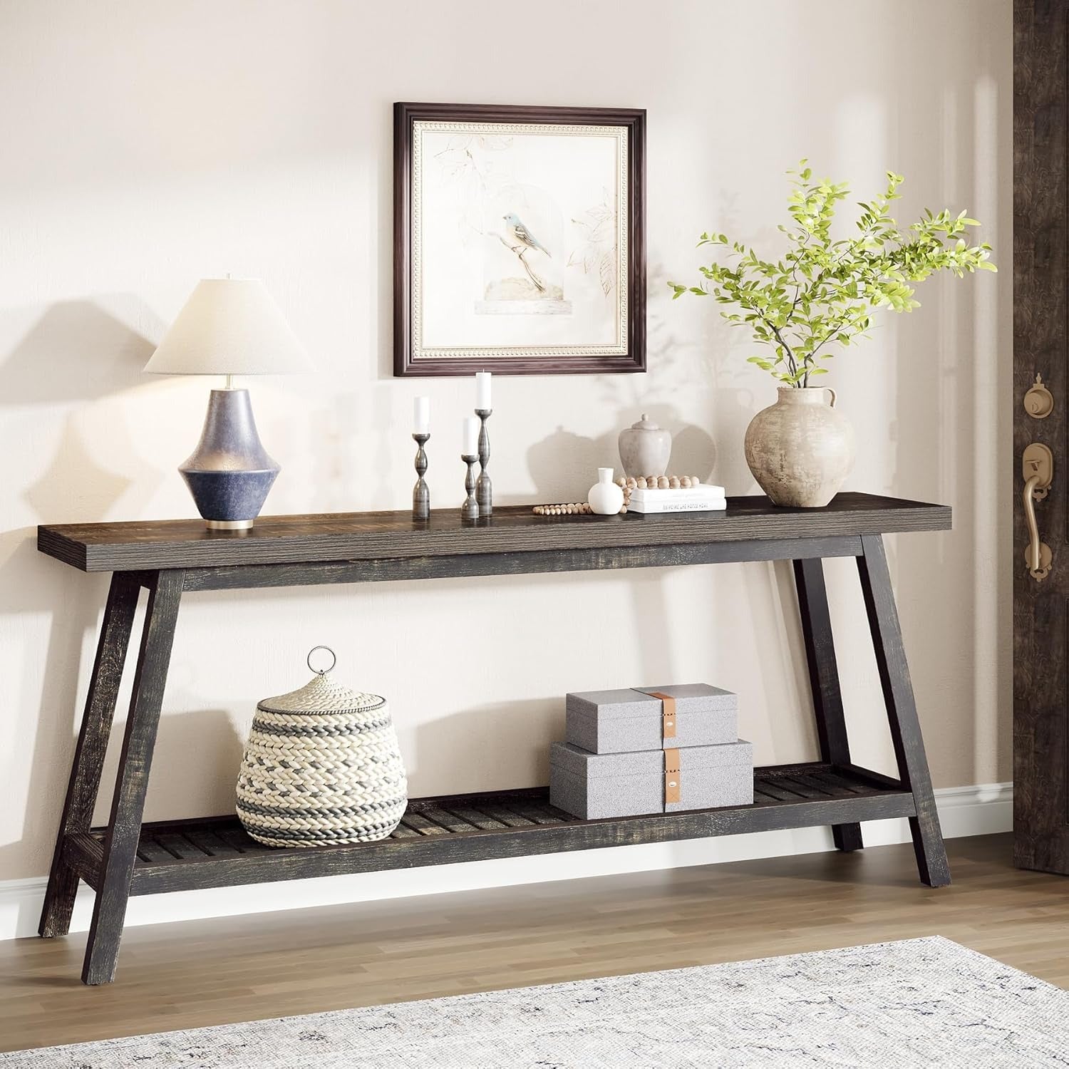Mesa de Console Extra Longa 70.9" Estilo Fazenda - 2 Andares, Design Estreito para Entrada, Corredor, Sala de Estar - Acabamento em Madeira Dura, Economia de Espaço, Fácil Limpeza - Presente de Natal Perfeito, Marrom Escuro, Mesa de Console, Estilo Fazend