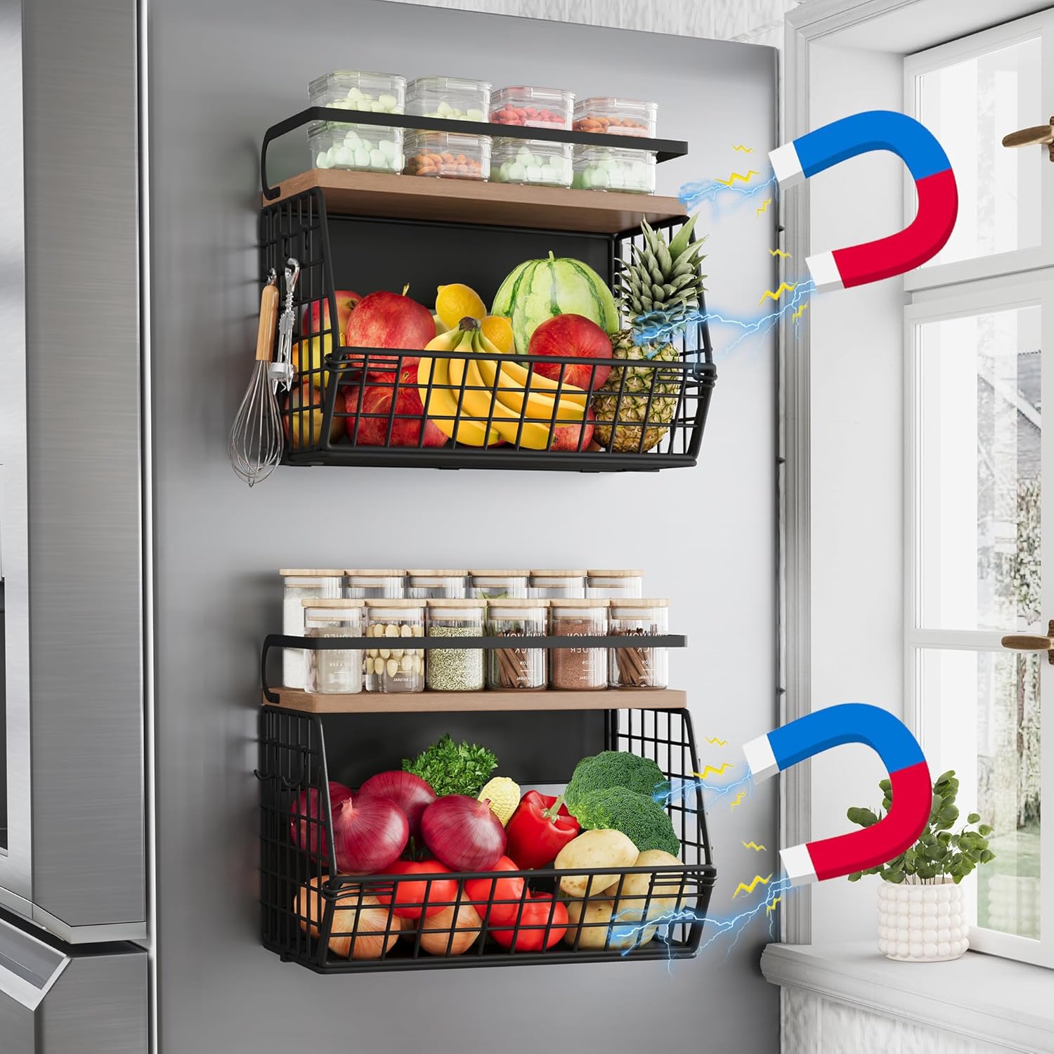 Clothink Prateleira magnética para geladeira com tampa de madeira, suporte magnético para temperos para geladeira, cesta de frutas com 4 ganchos para organização e armazenamento da cozinha,