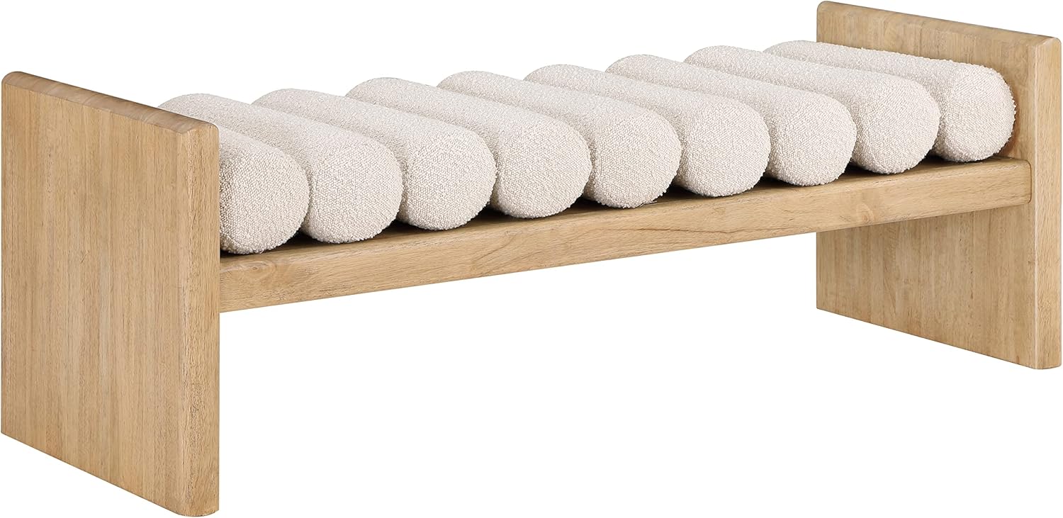 Meridian Furniture Waverly Collection Modern | Contemporary Bench with Solid Wood Rich Finish, Luxurious Boucle Fabric, 52" W x 19" D x 18" H, Cream