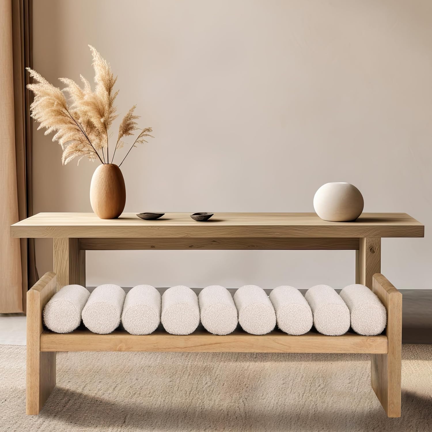 Meridian Furniture Waverly Collection Modern | Contemporary Bench with Solid Wood Rich Finish, Luxurious Boucle Fabric, 52" W x 19" D x 18" H, Cream