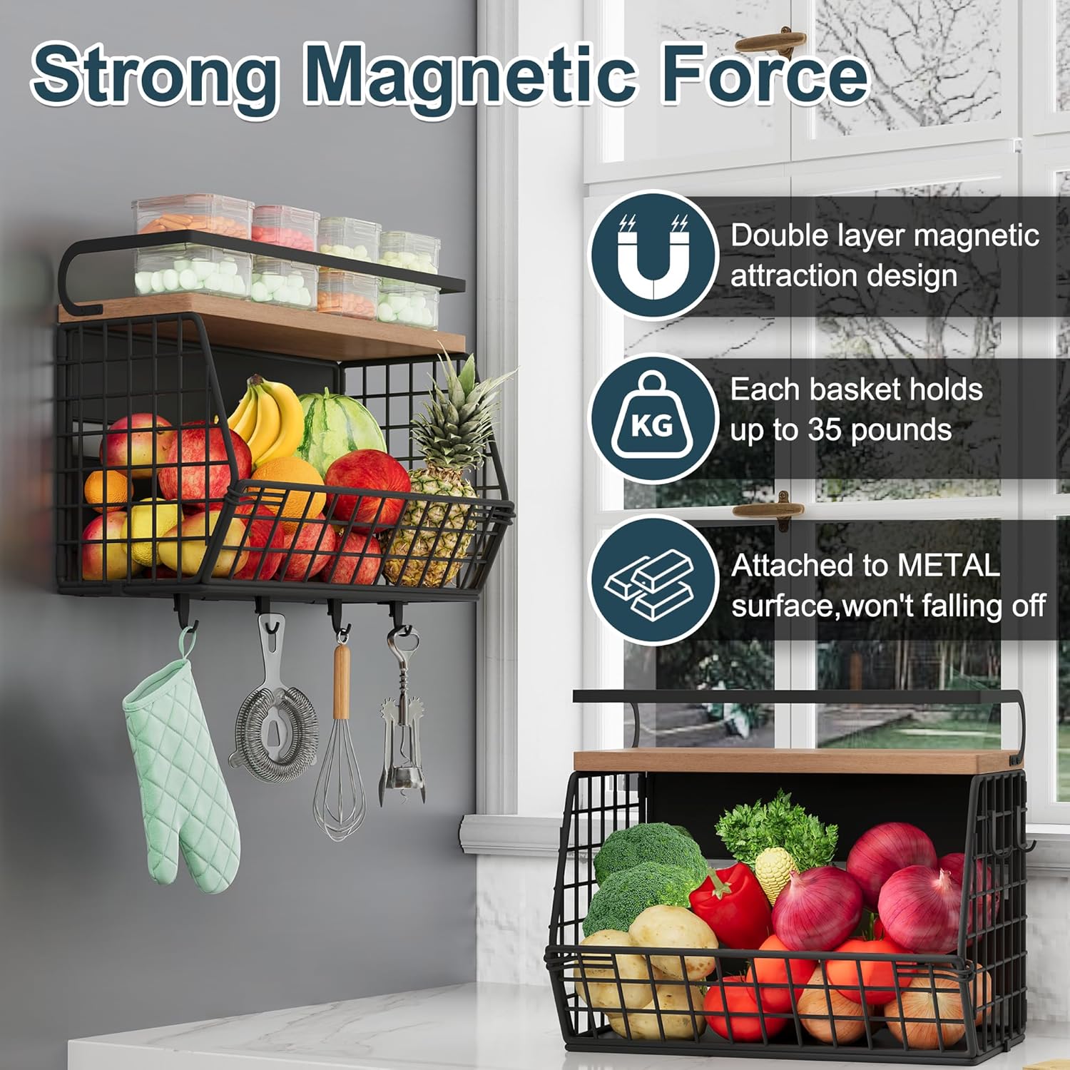 Clothink Prateleira magnética para geladeira com tampa de madeira, suporte magnético para temperos para geladeira, cesta de frutas com 4 ganchos para organização e armazenamento da cozinha,