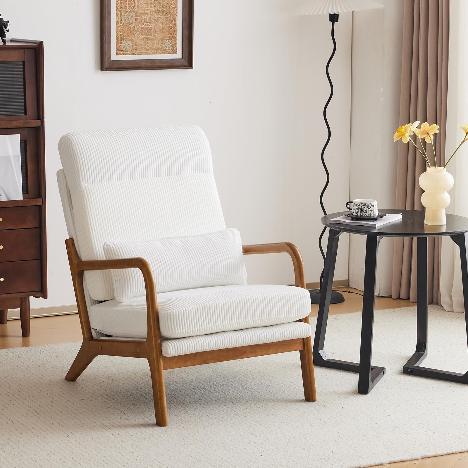 Cadeira de acento de veludo melhorada da VINGLI, cadeira de braço estofada, cadeira de leitura confortável de madeira maciça com almofada lombar, cadeiras modernas de meio século para sala de estar, quarto, quarto de hóspedes