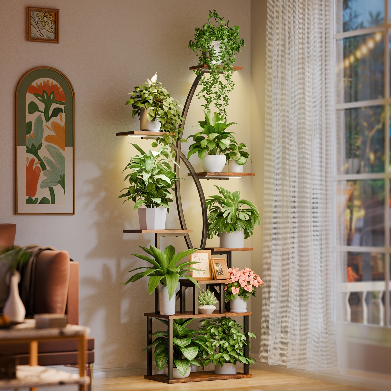 Suporte de planta interno com luz de crescimento, prateleira de planta alta de 8 camadas para plantas internas múltiplas, 65" prateleiras grandes de metal em forma curva para exibição de flores na sala de estar, pátio, varanda