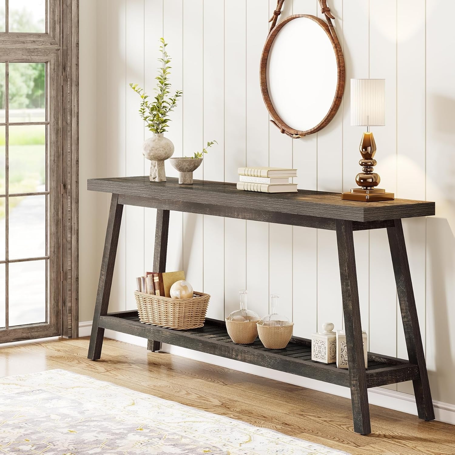 Mesa de Console Extra Longa 70.9" Estilo Fazenda - 2 Andares, Design Estreito para Entrada, Corredor, Sala de Estar - Acabamento em Madeira Dura, Economia de Espaço, Fácil Limpeza - Presente de Natal Perfeito, Marrom Escuro, Mesa de Console, Estilo Fazend