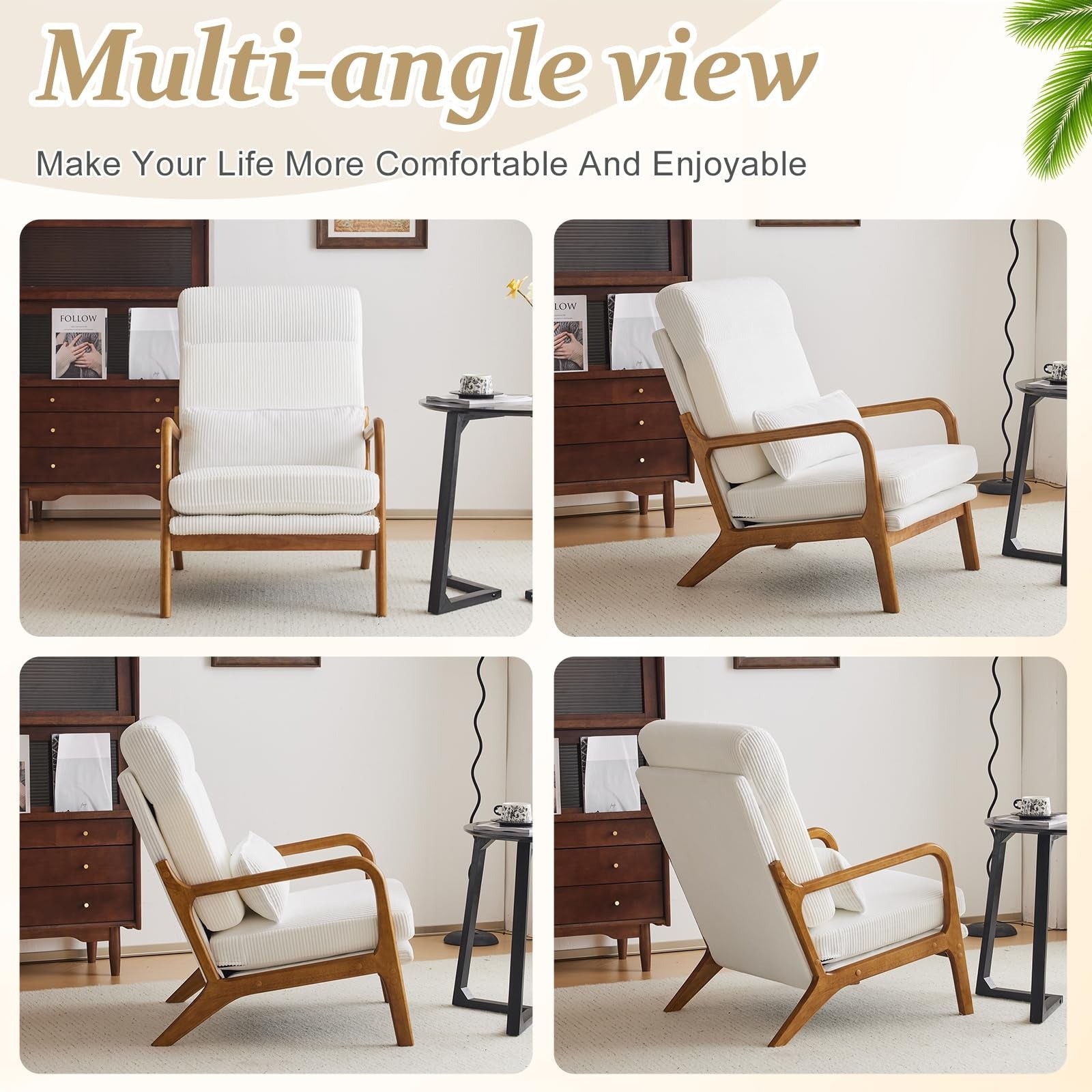 Cadeira de acento de veludo melhorada da VINGLI, cadeira de braço estofada, cadeira de leitura confortável de madeira maciça com almofada lombar, cadeiras modernas de meio século para sala de estar, quarto, quarto de hóspedes