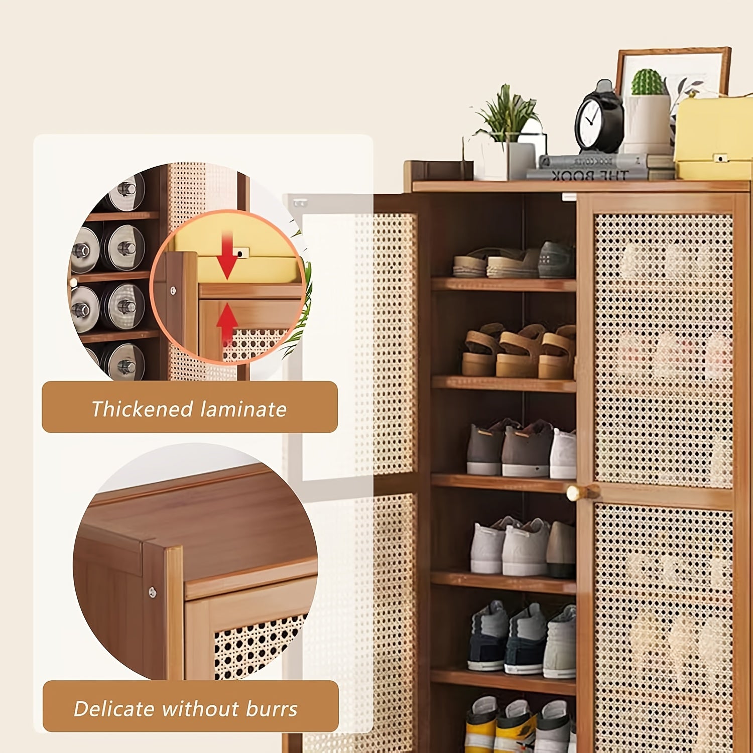 Armário de sapatos, Novo armário de sapatos de 7 camadas para entrada, Armário de sapatos de bambu com portas de vime entrelaçado, Organizador de sapatos autônomo para armário, corredor