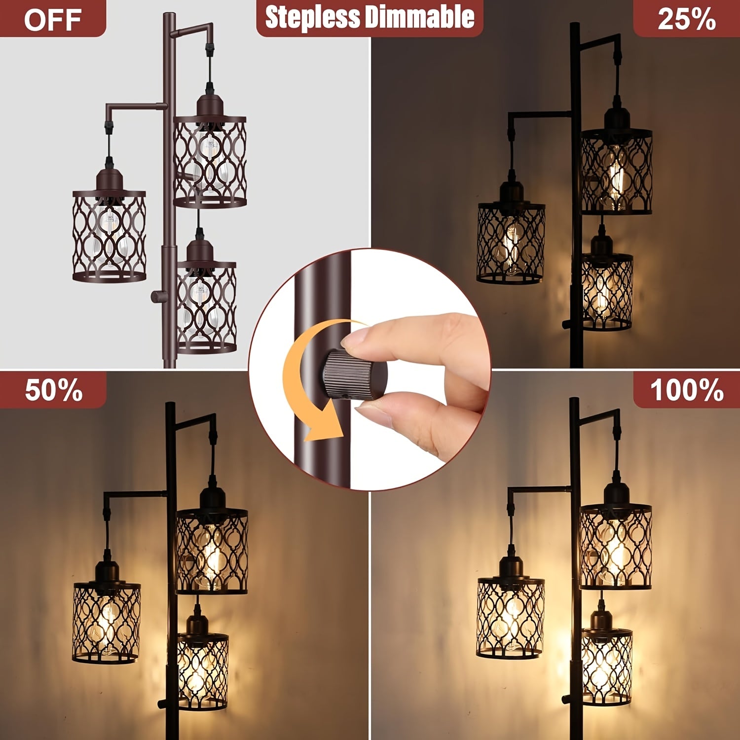 Lâmpada de Chão Estilo Fazenda de 68 Polegadas (Aprox. 172.7cm), Lâmpada de Chão Industrial Regulável para Sala de Estar, 3 Lâmpadas Verticais Simples Altas Incluindo 3 Lâmpadas E26 de 6W, Lâmpada de Chão em Forma de Árvore para Quarto, Escritório, Bar, M