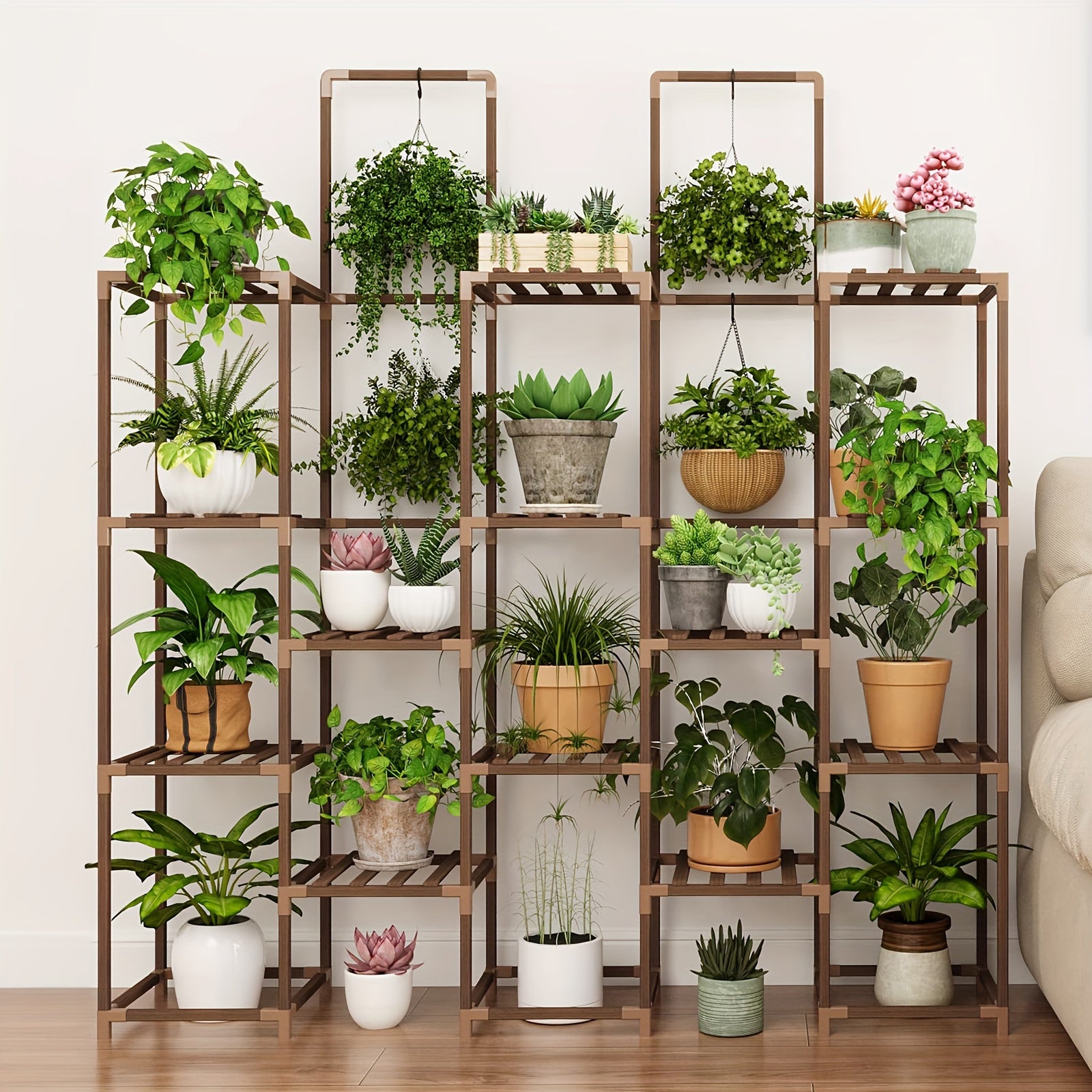 Suporte para plantas grande de 6 níveis, prateleira interna para plantas grandes, suporte externo com 13 suportes para vasos, prateleiras altas em camadas para várias plantas, coloque vasos suspensos ou plantas altas no meio