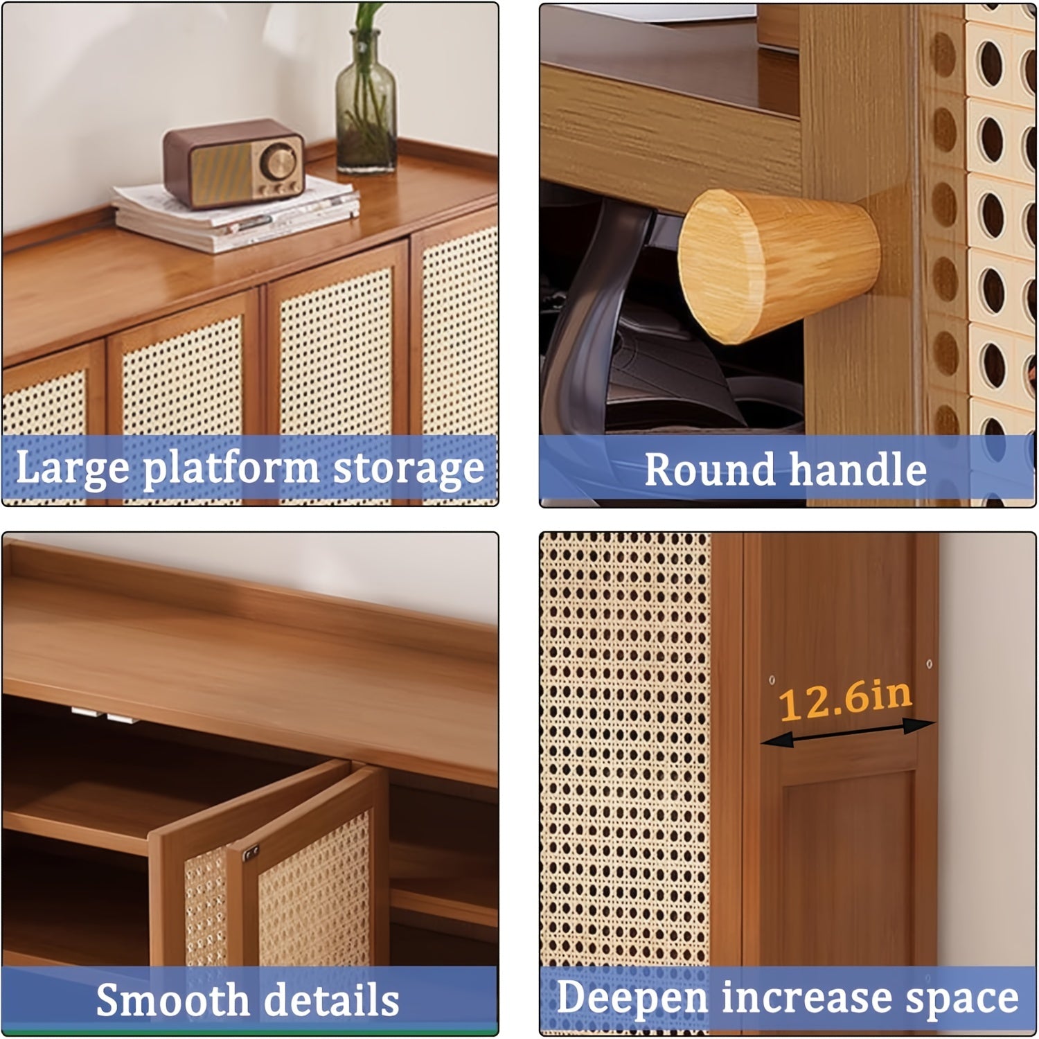 Armário de armazenamento de sapatos de bambu de 8 camadas com portas, sapateira para 38-42 pares para armário, armário de armazenamento de vime com portas para corredor ou sala de estar, marrom/cinza