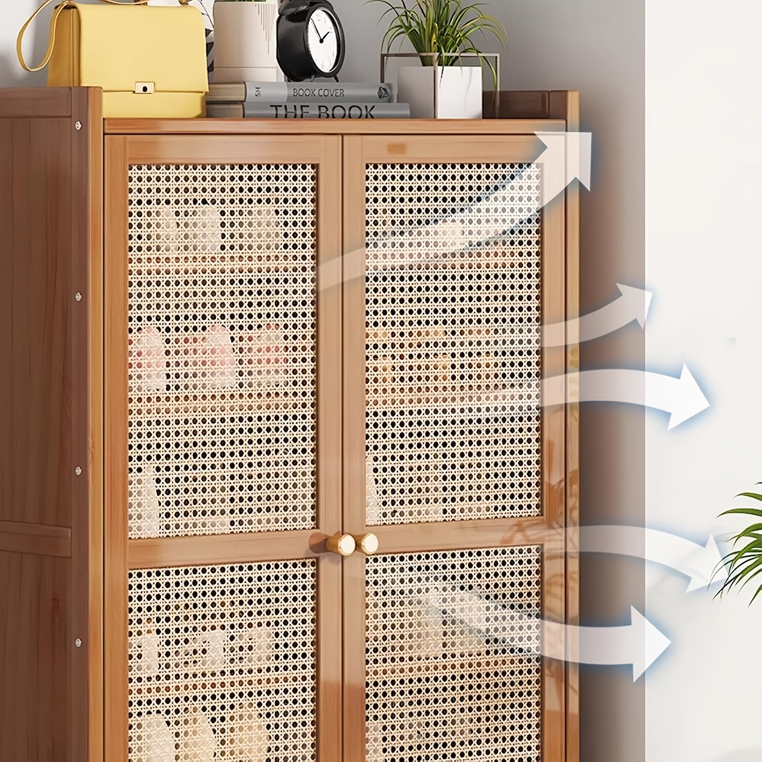 Armário de sapatos, Novo armário de sapatos de 7 camadas para entrada, Armário de sapatos de bambu com portas de vime entrelaçado, Organizador de sapatos autônomo para armário, corredor
