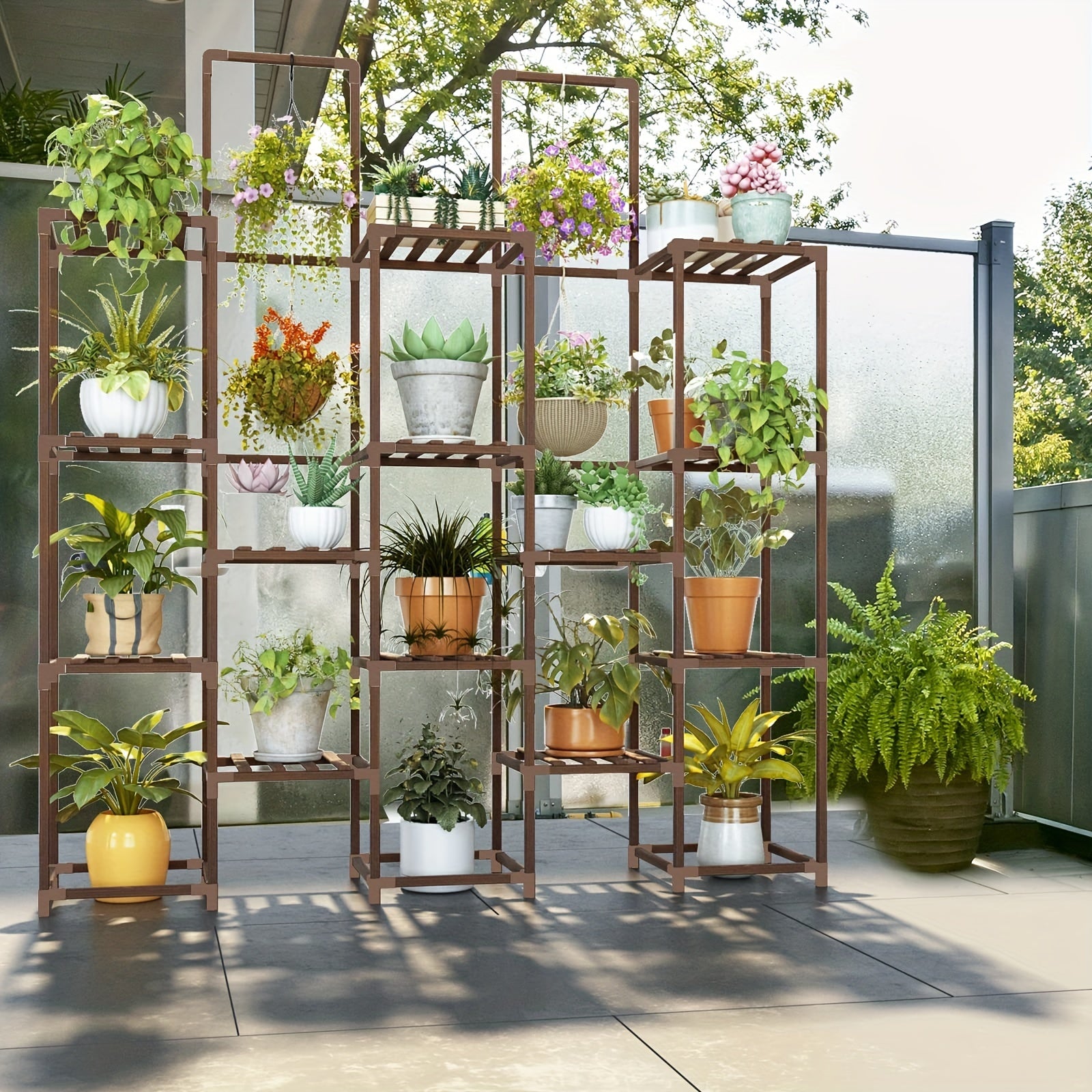 Suporte para plantas grande de 6 níveis, prateleira interna para plantas grandes, suporte externo com 13 suportes para vasos, prateleiras altas em camadas para várias plantas, coloque vasos suspensos ou plantas altas no meio