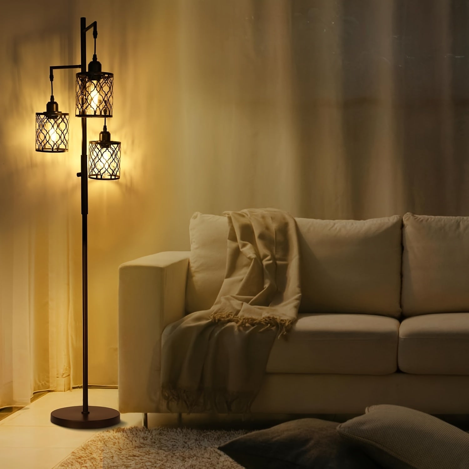 Lâmpada de Chão Estilo Fazenda de 68 Polegadas (Aprox. 172.7cm), Lâmpada de Chão Industrial Regulável para Sala de Estar, 3 Lâmpadas Verticais Simples Altas Incluindo 3 Lâmpadas E26 de 6W, Lâmpada de Chão em Forma de Árvore para Quarto, Escritório, Bar, M