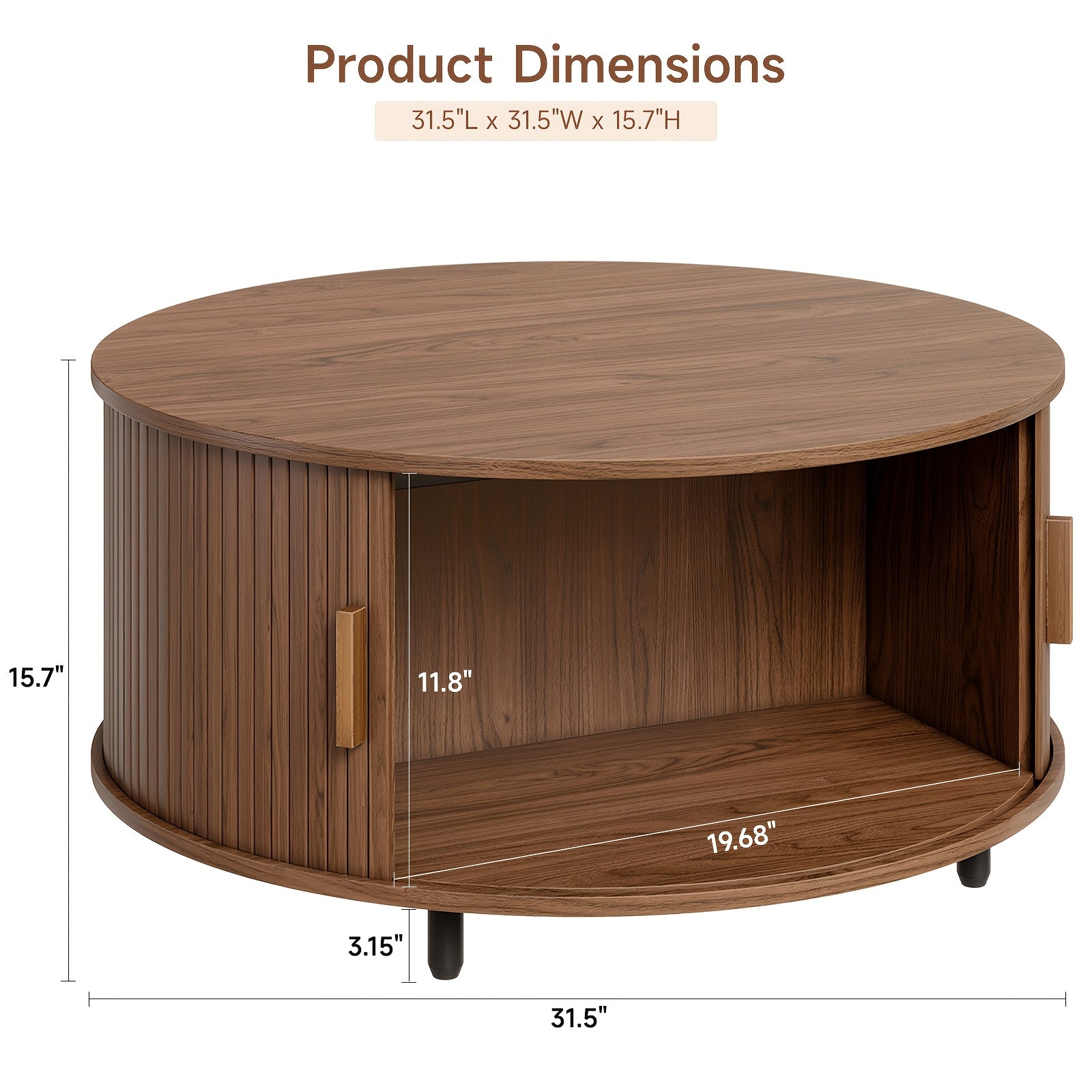 Mesa de café redonda de madeira 31.5 polegadas Mesa central com espaço de armazenamento, porta deslizante curva de 360° e sofá com apoio de pé ajustável Mesa lateral para sala de estar da família Carvalho