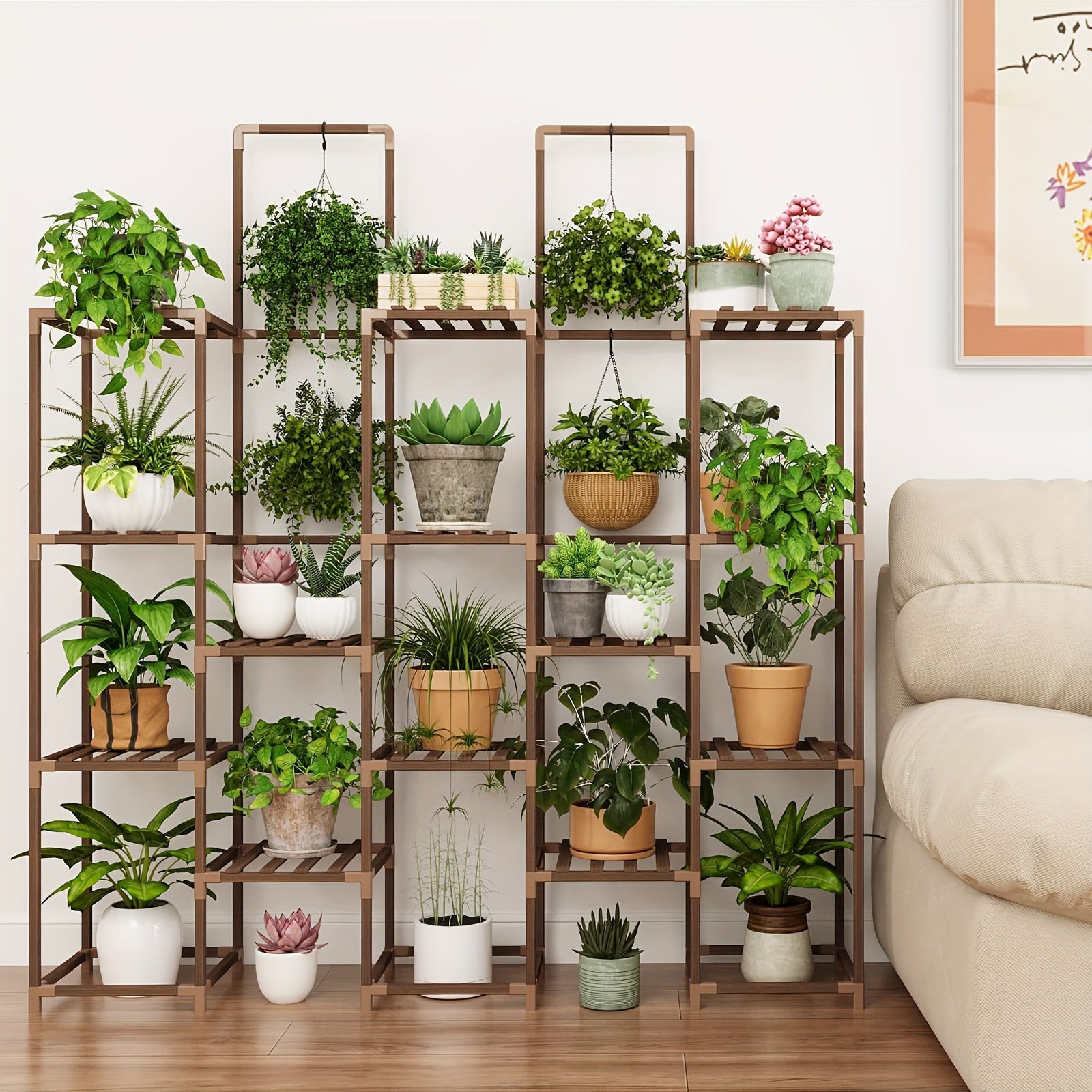 Suporte para plantas grande de 6 níveis, prateleira interna para plantas grandes, suporte externo com 13 suportes para vasos, prateleiras altas em camadas para várias plantas, coloque vasos suspensos ou plantas altas no meio