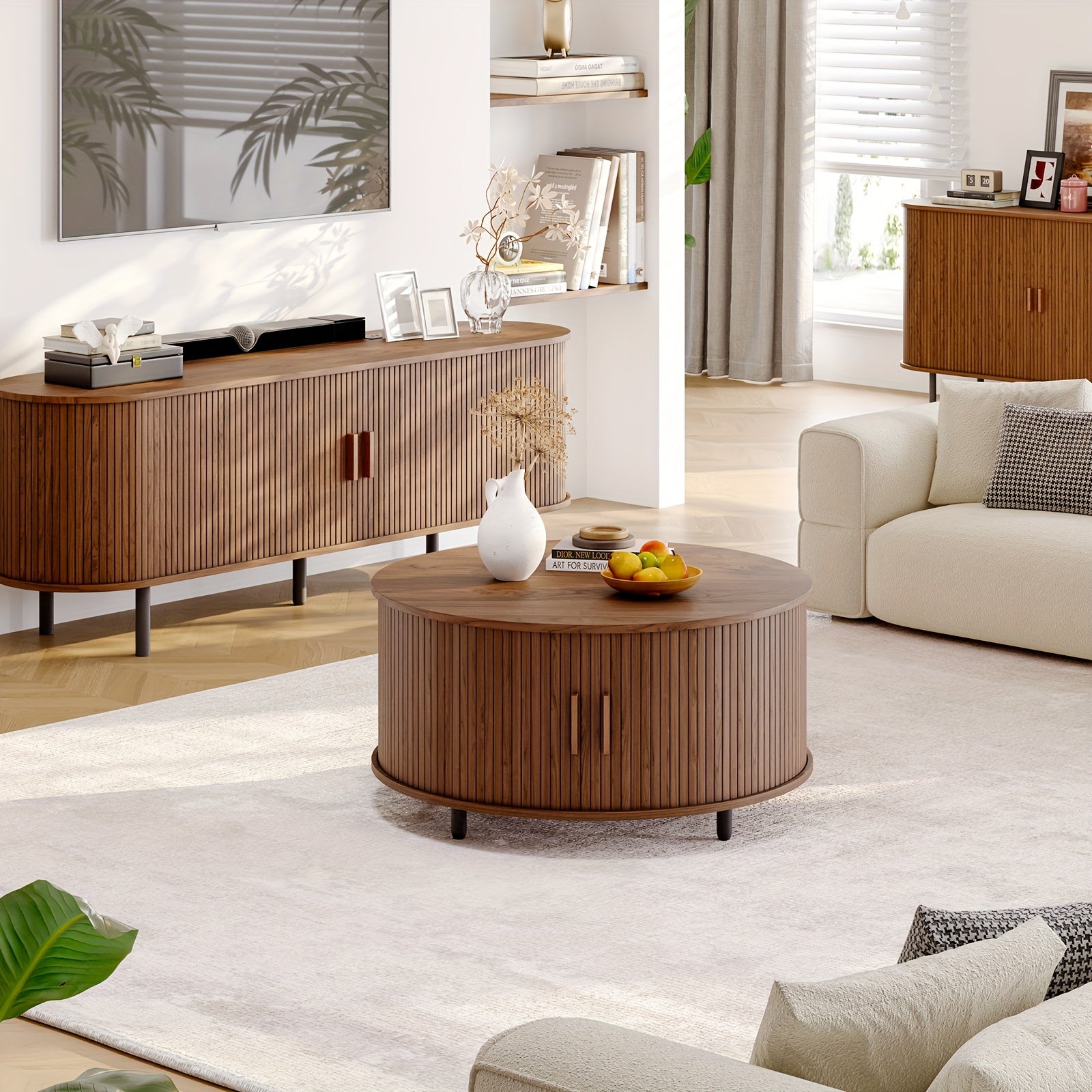 Mesa de café redonda de madeira 31.5 polegadas Mesa central com espaço de armazenamento, porta deslizante curva de 360° e sofá com apoio de pé ajustável Mesa lateral para sala de estar da família Carvalho